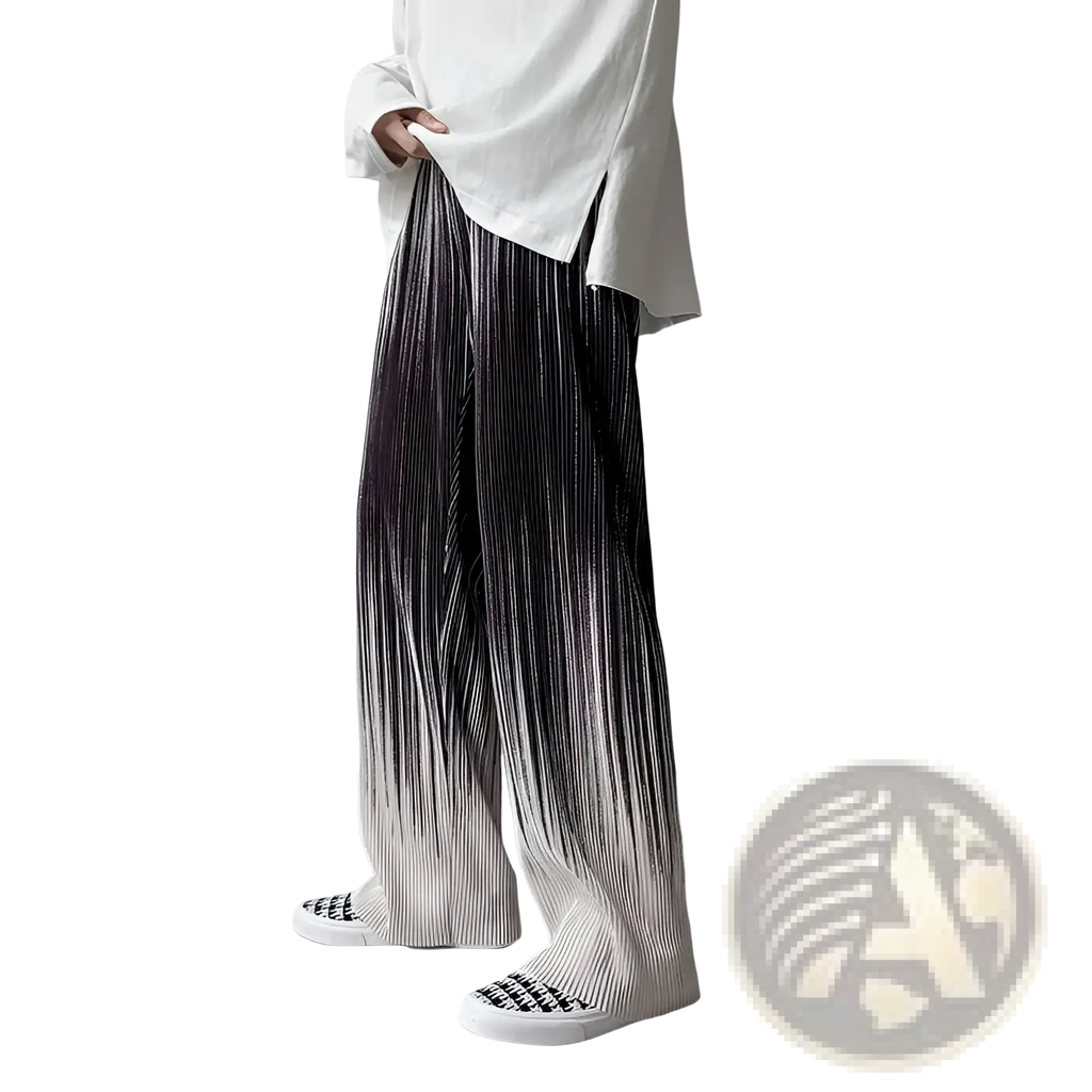 Men’s black and white gradient pleated wide-leg drape pants showcasing a stylish and modern design