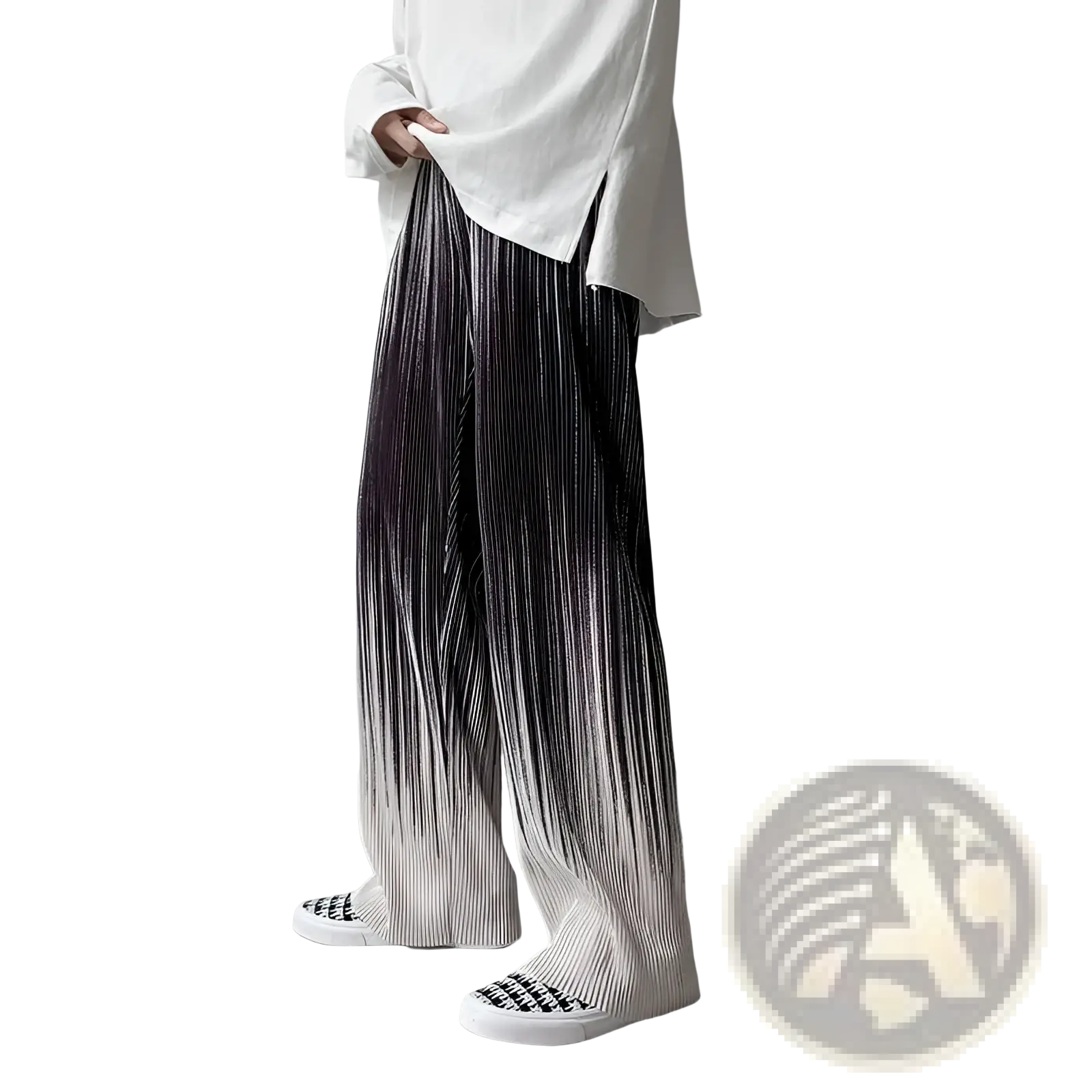 Men’s black and white gradient pleated wide-leg drape pants showcasing a stylish and modern design
