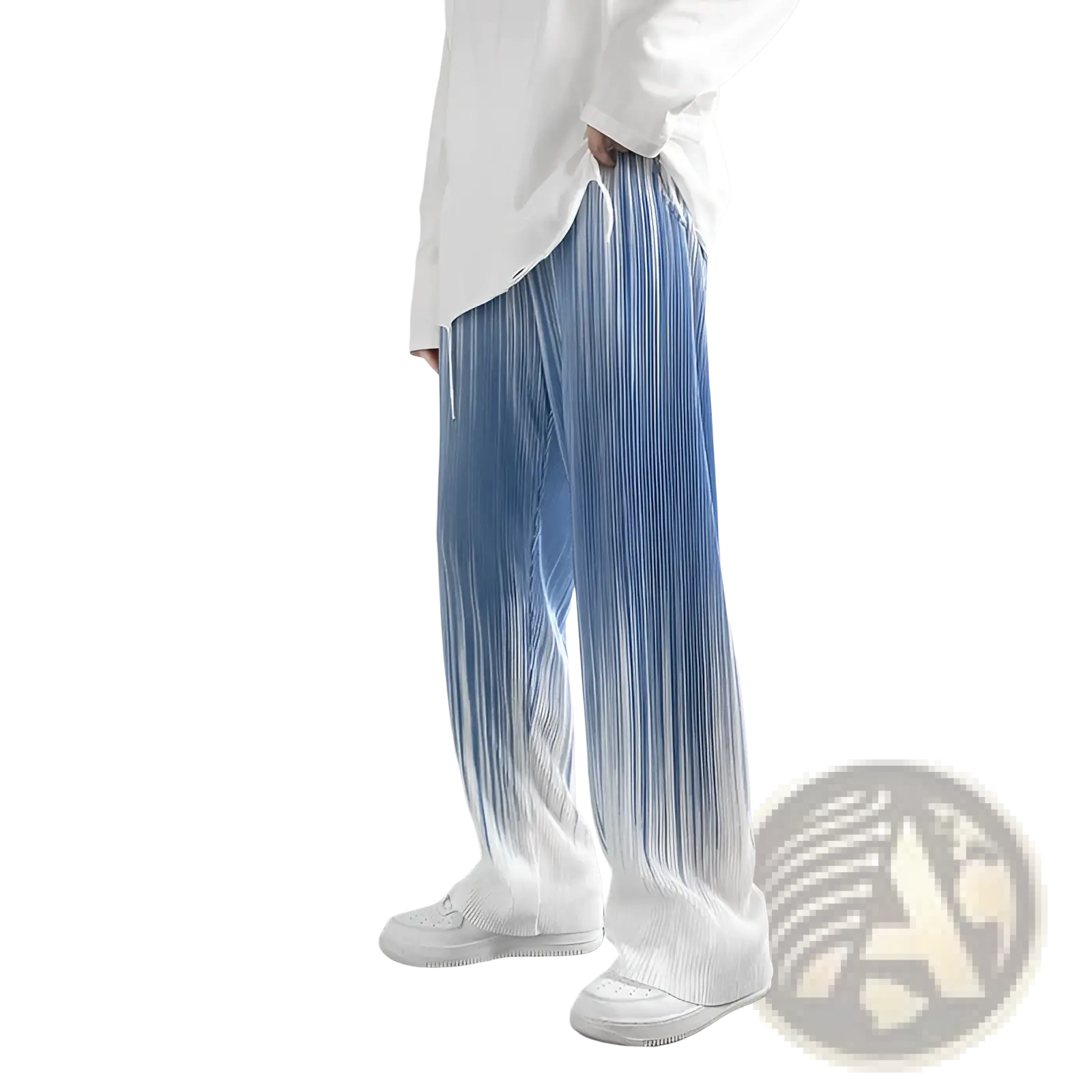 Men’s blue and white gradient pleated wide leg drape pants with a flowing modern design and lightweight fabric