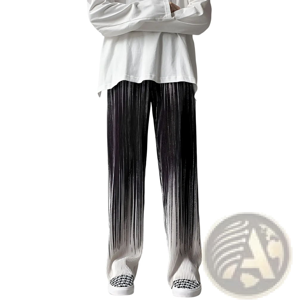Men’s gradient pleated wide leg drape pants featuring black and white vertically striped fabric with a dark to light fade