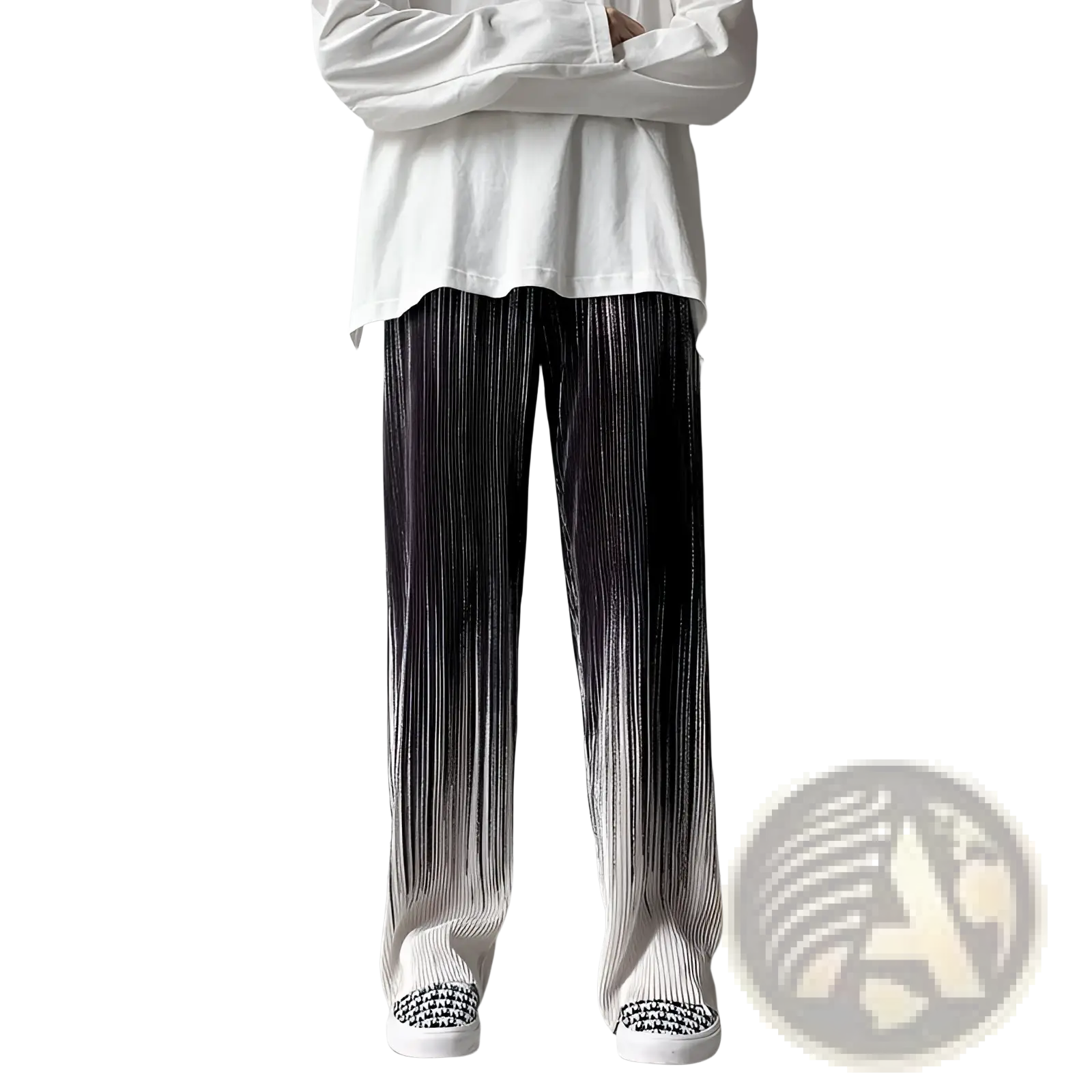 Men’s gradient pleated wide leg drape pants featuring black and white vertically striped fabric with a dark to light fade