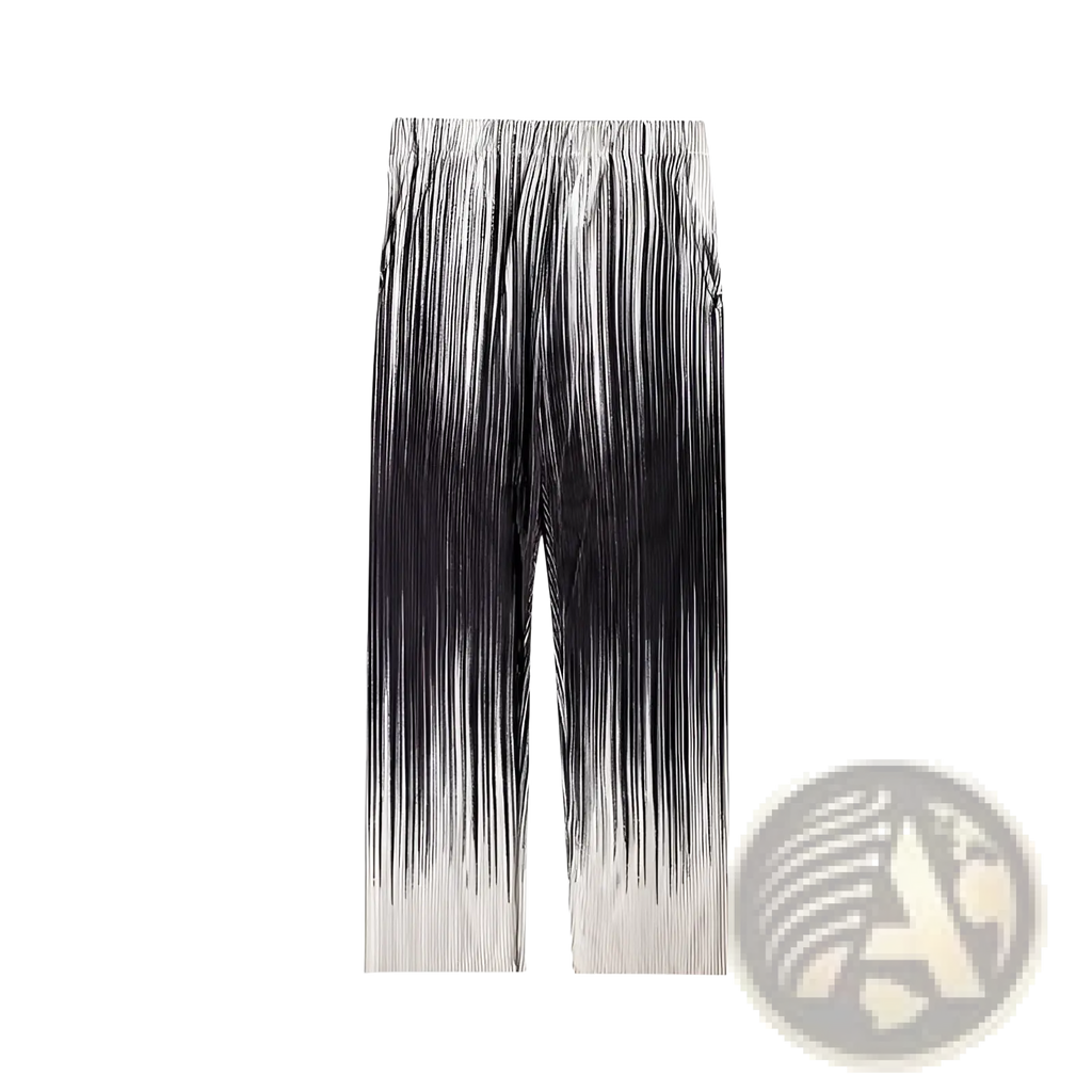 Men’s black and white pleated wide leg drape pants with gradient effect from dark to light fabric