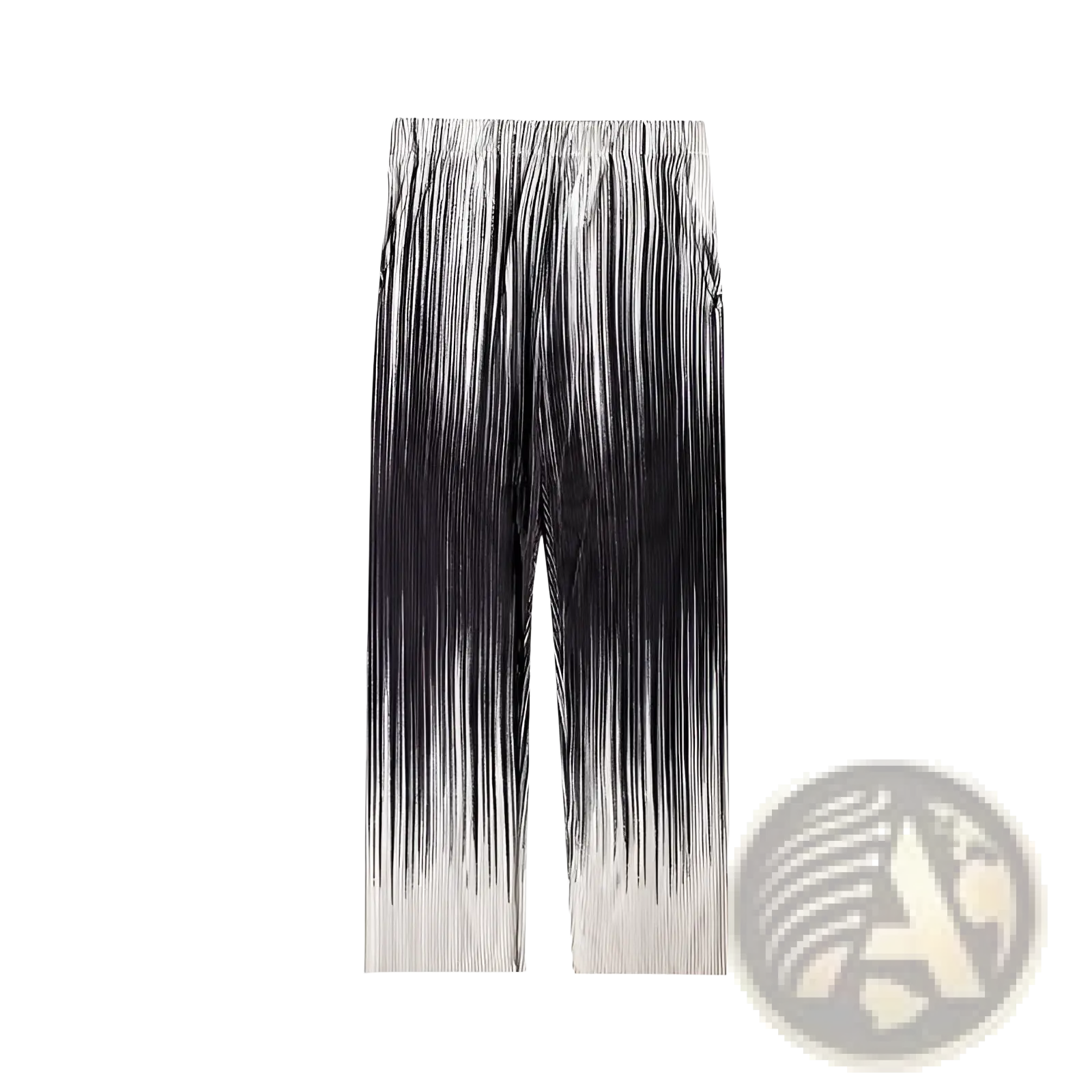 Men’s black and white pleated wide leg drape pants with gradient effect from dark to light fabric