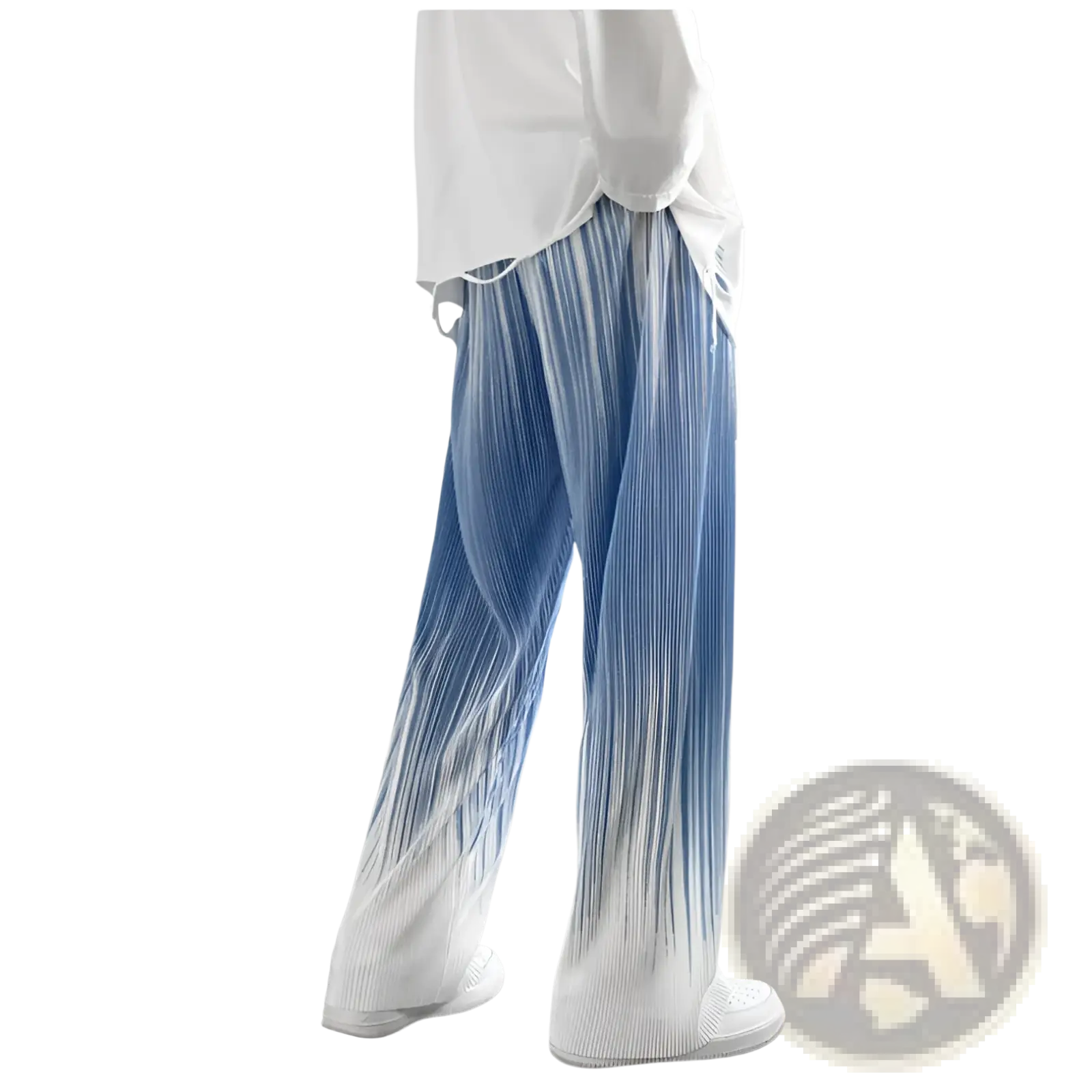 Men’s gradient pleated wide-leg drape pants in blue and white gradient for stylish and comfortable wear