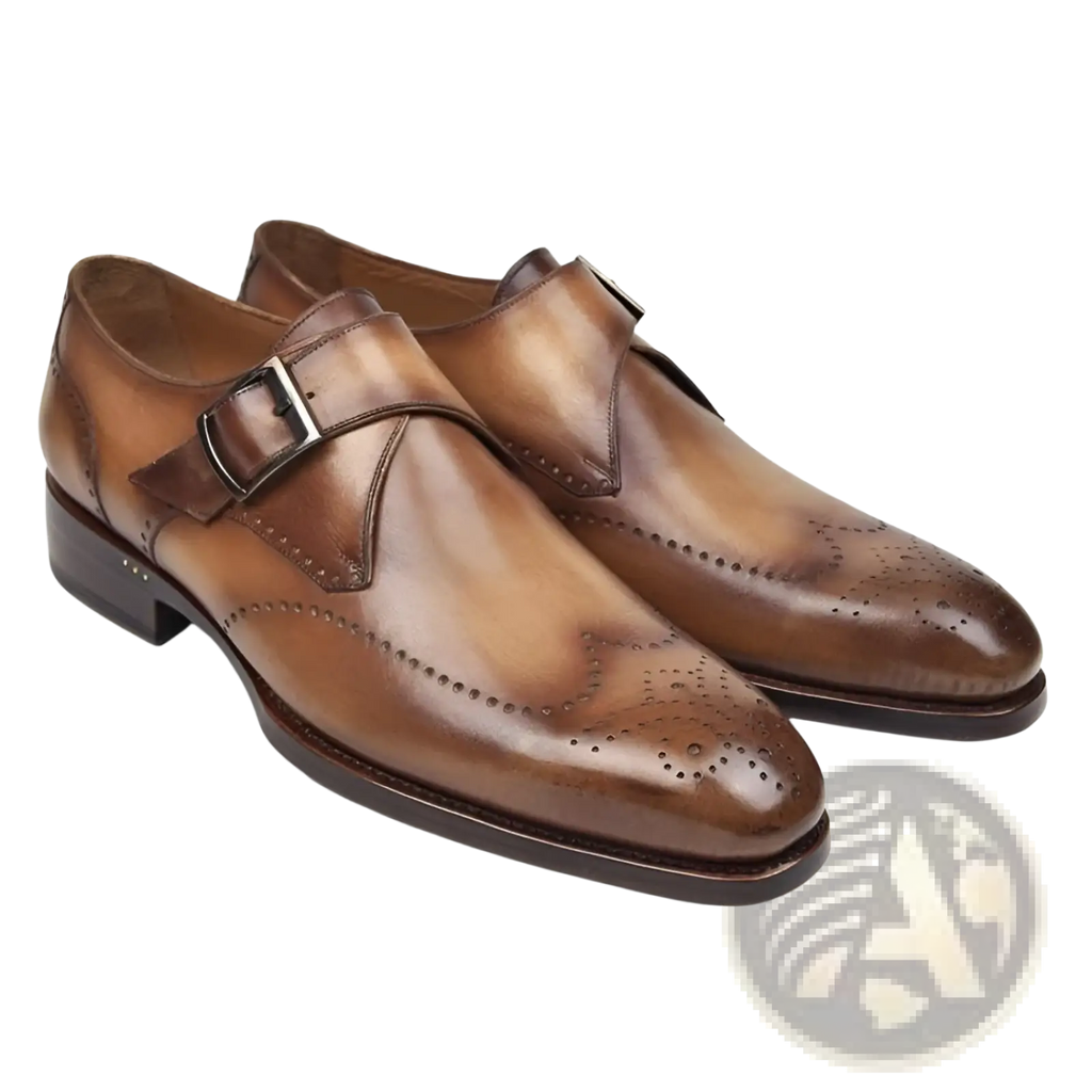 Men’s brown leather monk strap dress shoes with polished finish and brogue detailing for formal occasions
