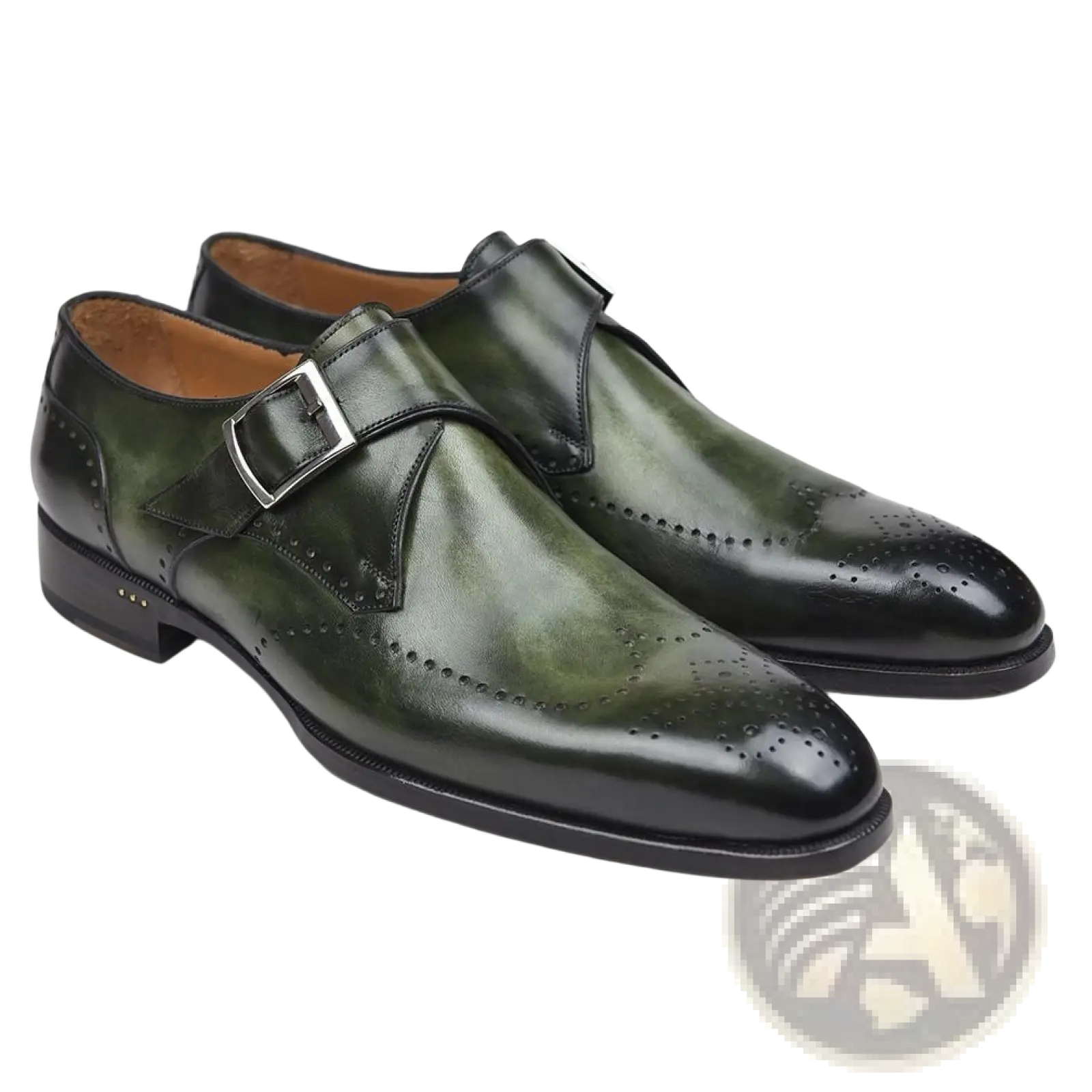 Men’s dark green leather monk strap formal shoes with pointed toe polished finish and silver buckle