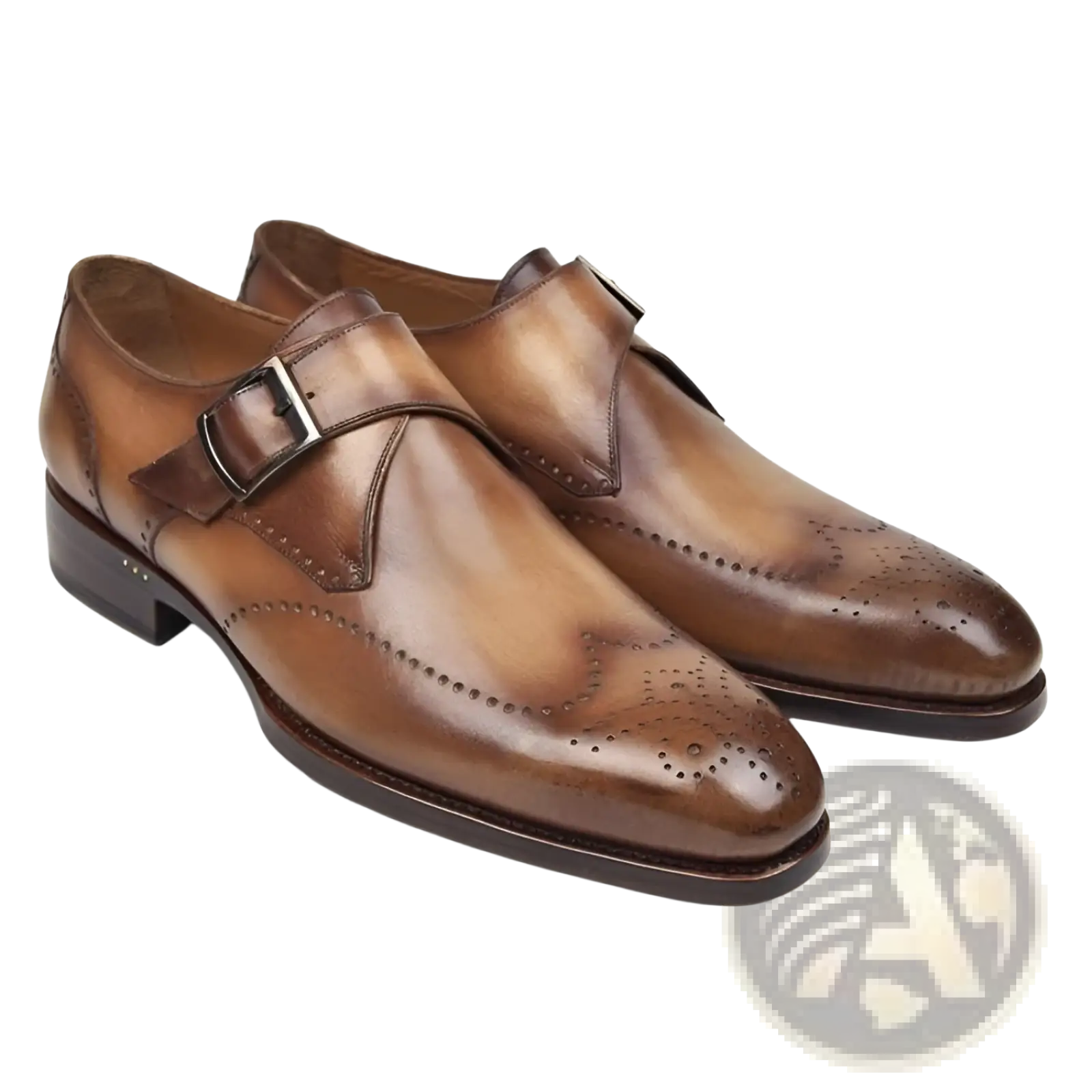 Men’s brown leather monk strap dress shoes with polished finish and decorative brogue detailing for formal wear