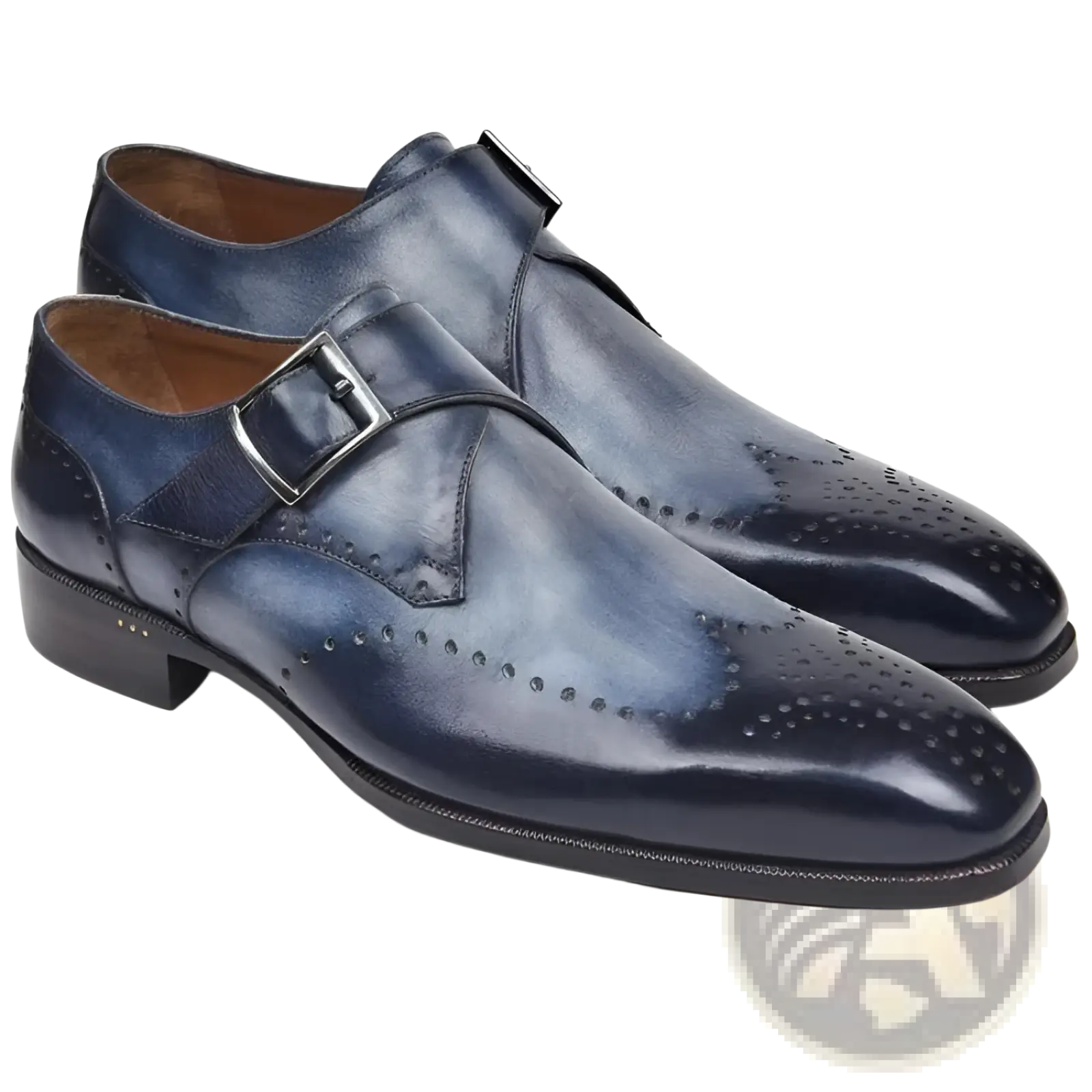 Men’s dark blue leather monk strap dress shoes with subtle patina finish and silver-toned buckle for formal wear