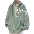 Men’s light green graffiti zip up hoodie casual jacket with white lettering and tebiepai text on chest modname=ckeditor