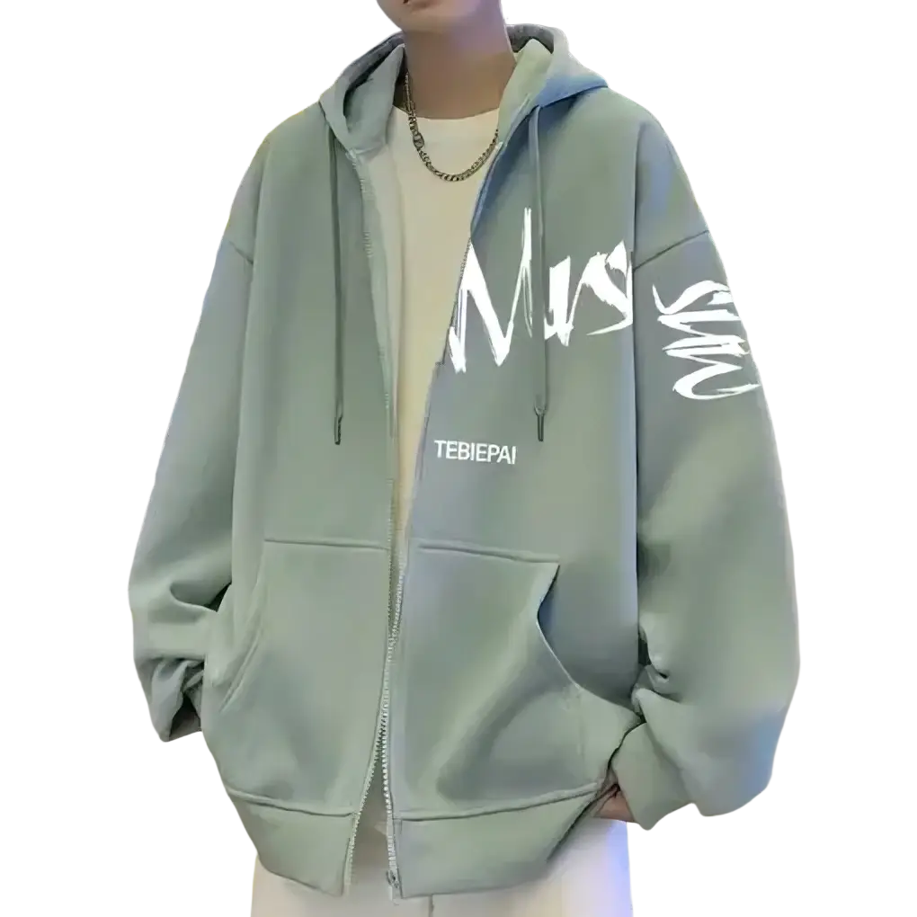 Men’s light green graffiti zip up hoodie casual jacket with white lettering and tebiepai text on chest modname=ckeditor