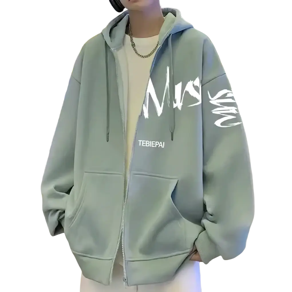 Men’s light green graffiti zip up hoodie with white lettering and small chest logo casual jacket modname=ckeditor