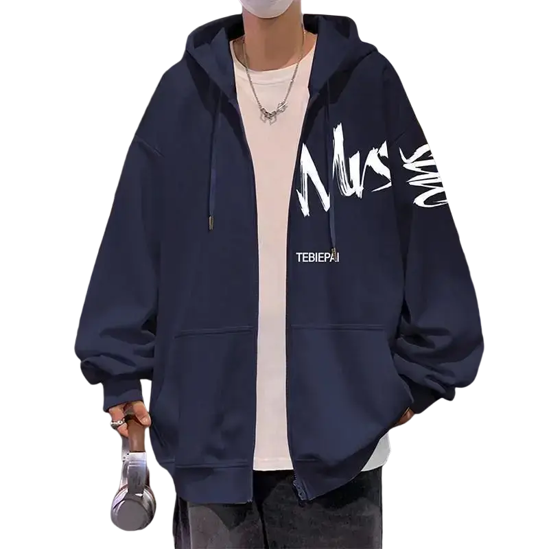 Men’s navy blue graffiti zip up hoodie with white lettering, hood, drawstrings, and side pockets for casual wear modname=ckeditor