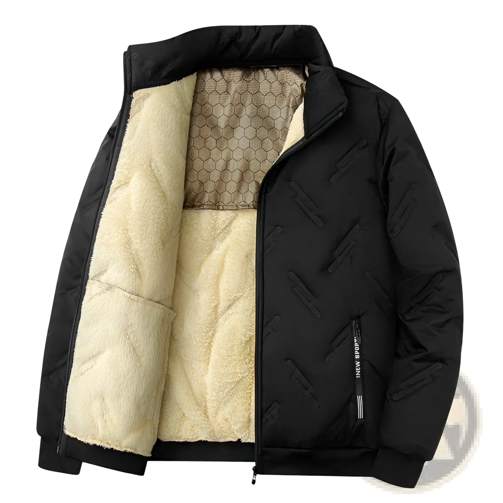 Men’s black graphene quilted winter jacket with cream fleece lining and subtle geometric stitching details