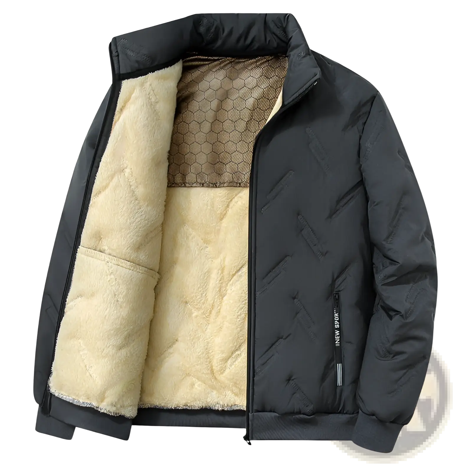Men’s black graphene quilted winter jacket with plush cream fleece lining and subtle geometric inner collar pattern