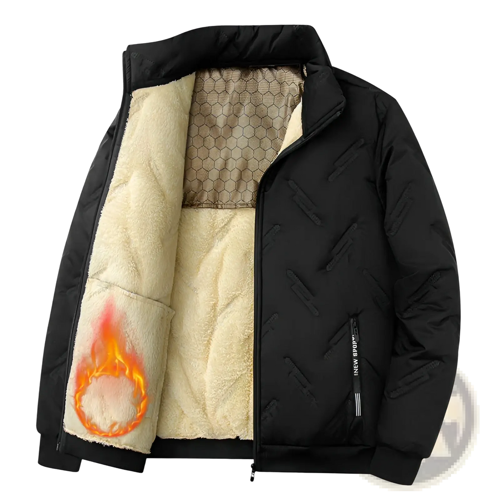 Men’s black graphene quilted winter jacket with plush cream fleece lining and subtle geometric stitching details