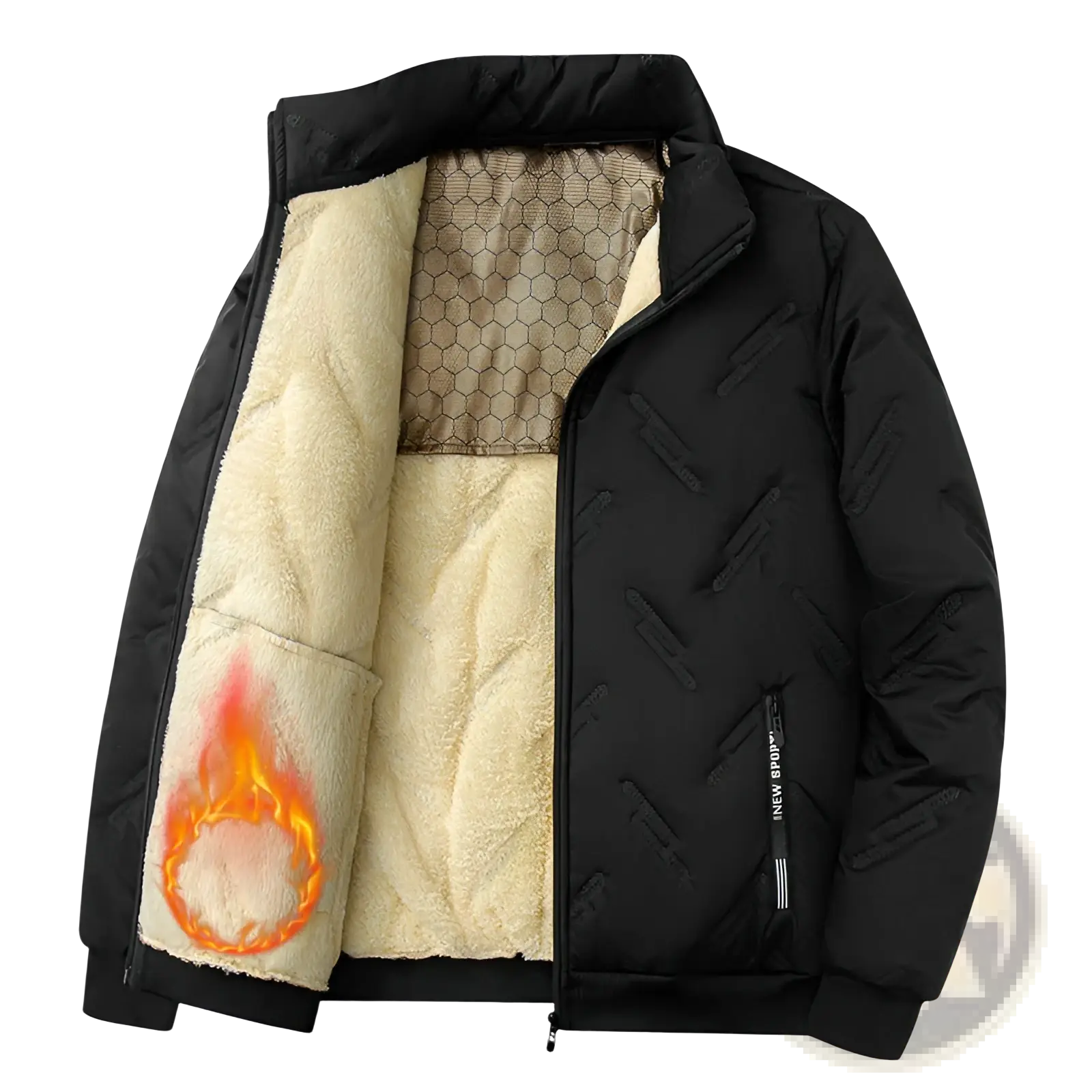 Men’s black graphene quilted winter jacket with plush cream fleece lining and subtle geometric stitching details