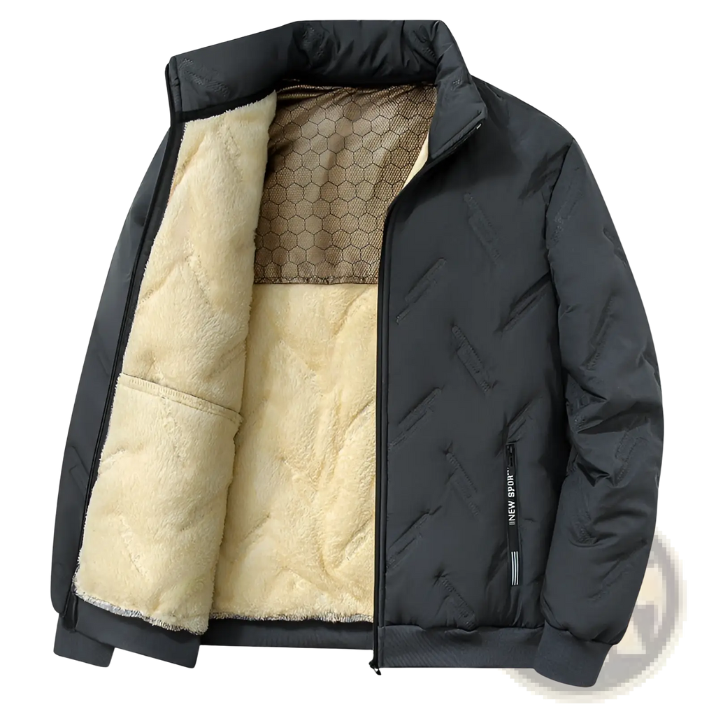 Men’s black graphene quilted winter jacket with plush cream fleece lining and geometric inner collar pattern
