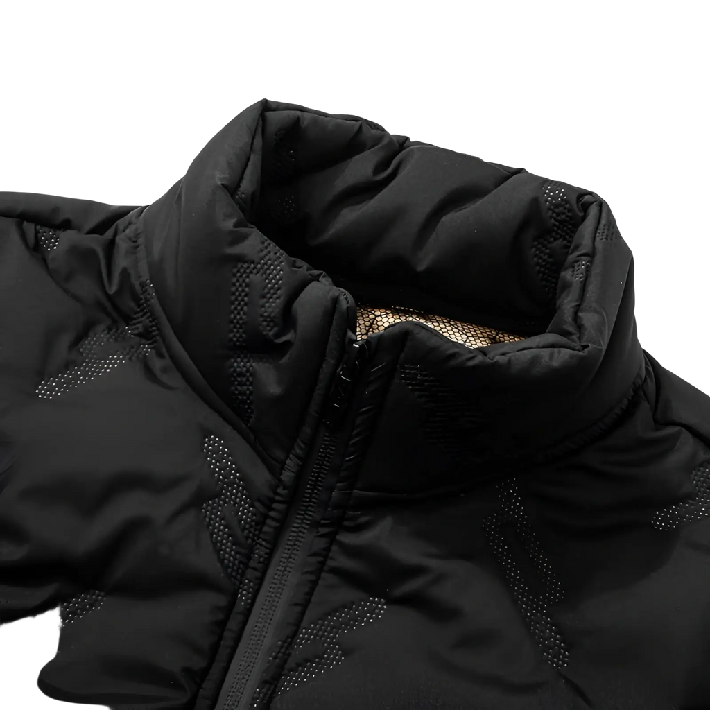 Men’s black graphene quilted winter jacket with fleece lining and subtle perforated detailing along the collar