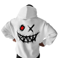 Men’s oversized white cotton hoodie with bold black and red graphic of a stylized menacing face on front