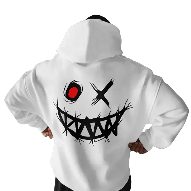 Men’s oversized white cotton hoodie with bold black and red graphic of a stylized menacing face on front