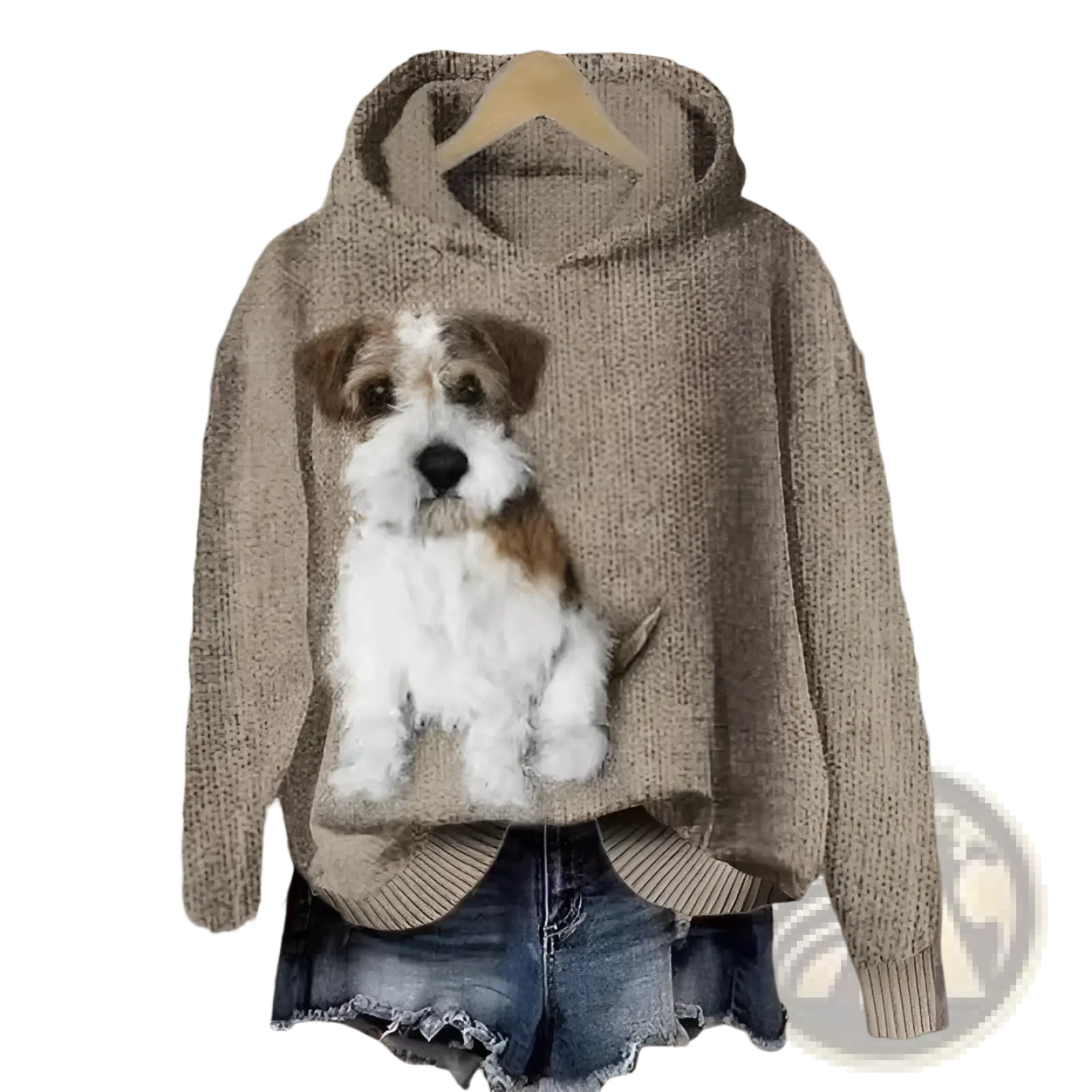 Beige knit men’s graphic print pullover hoodie featuring a 3d embroidered fox terrier design on the front