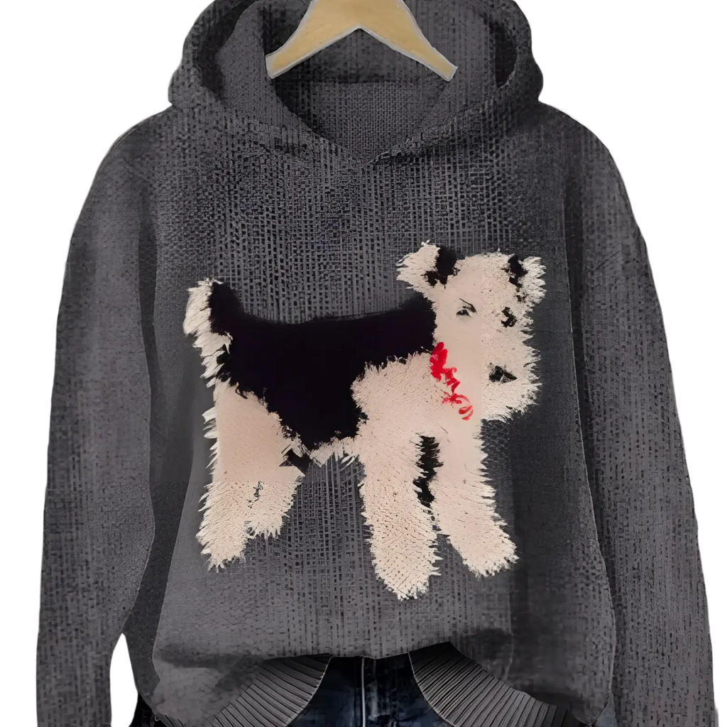 Men’s dark gray knit pullover hoodie with a fluffy three-dimensional airedale terrier graphic and red collar design