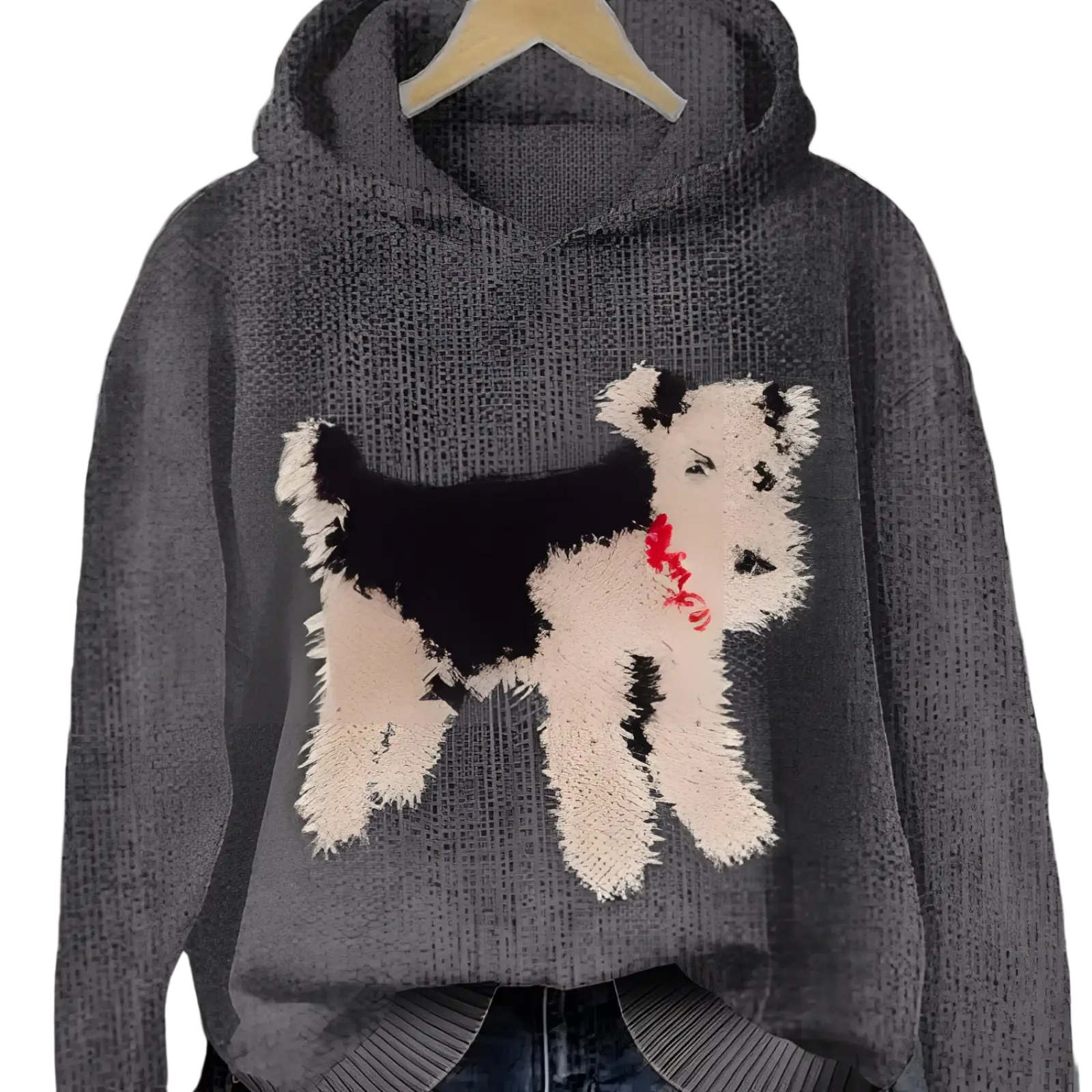 Men’s dark gray knit pullover hoodie with a fluffy three-dimensional airedale terrier graphic and red collar design