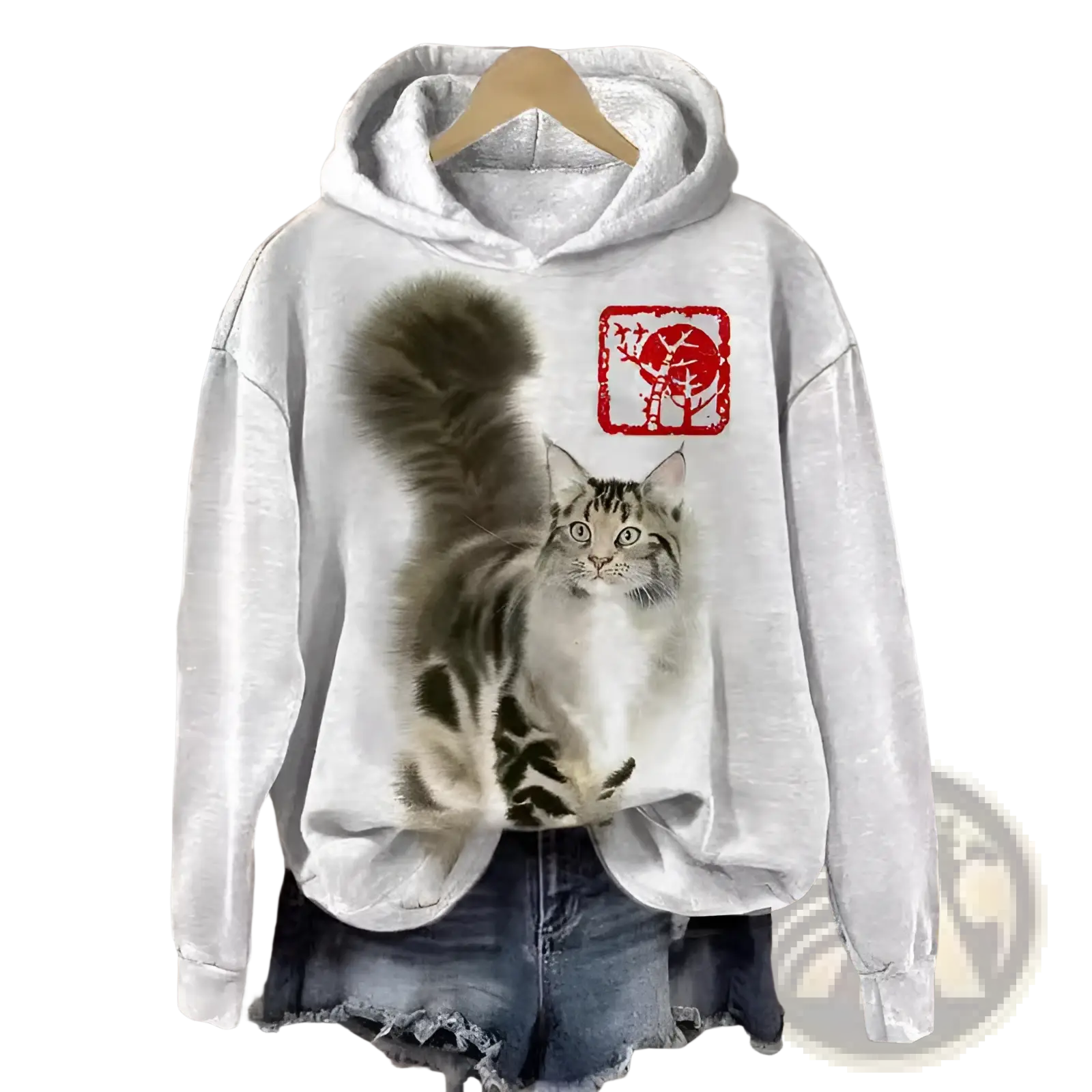 A light gray men’s pullover hooded sweatshirt with a tabby cat graphic and red square emblem on the chest