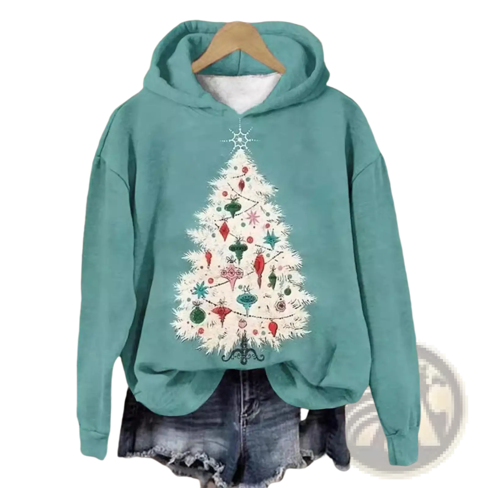 Men’s teal holiday-themed graphic pullover hoodie with white Christmas tree design featuring colorful ornaments and lights