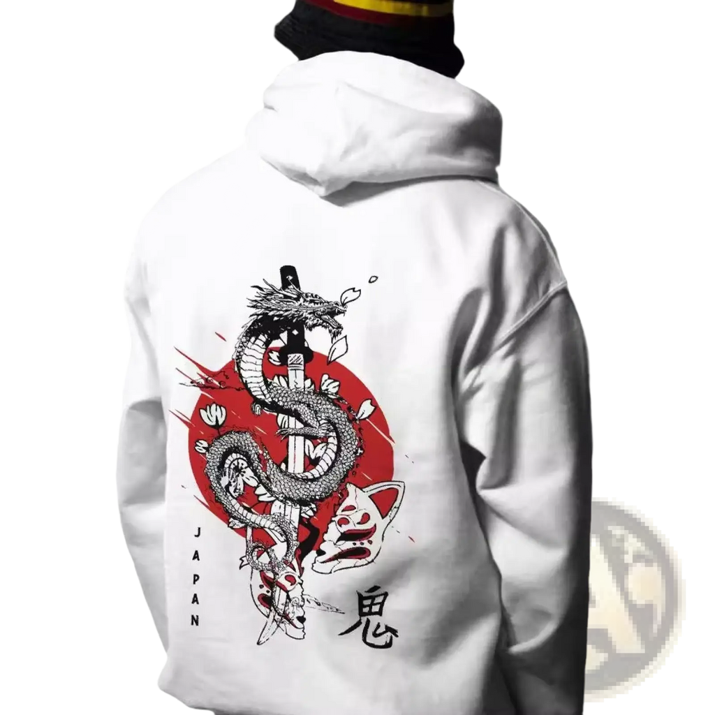 Men’s white graphic print pullover hooded sweatshirt with bold black and red dragon coiled around sword design