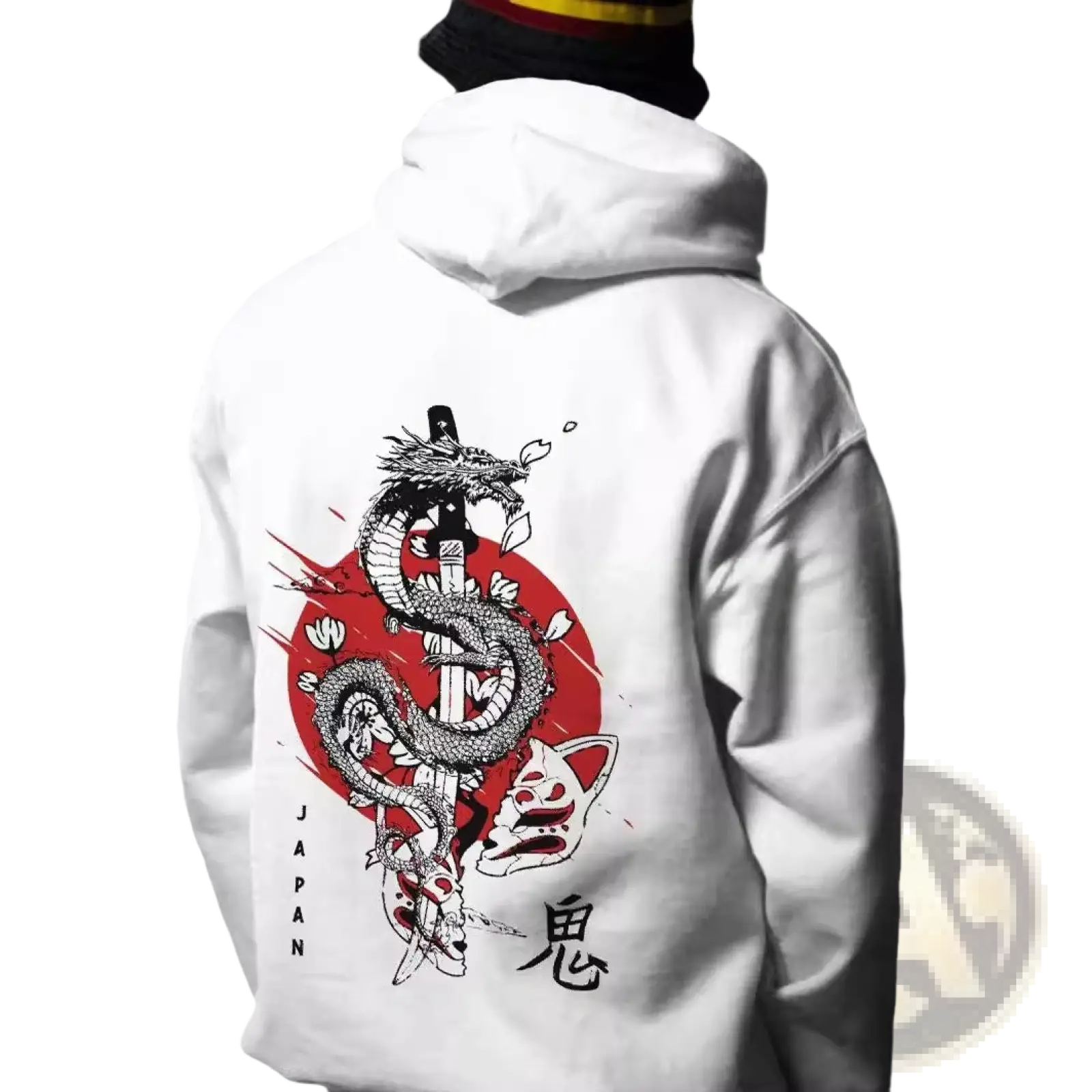 Men’s white graphic print pullover hooded sweatshirt with bold black and red dragon coiled around sword design