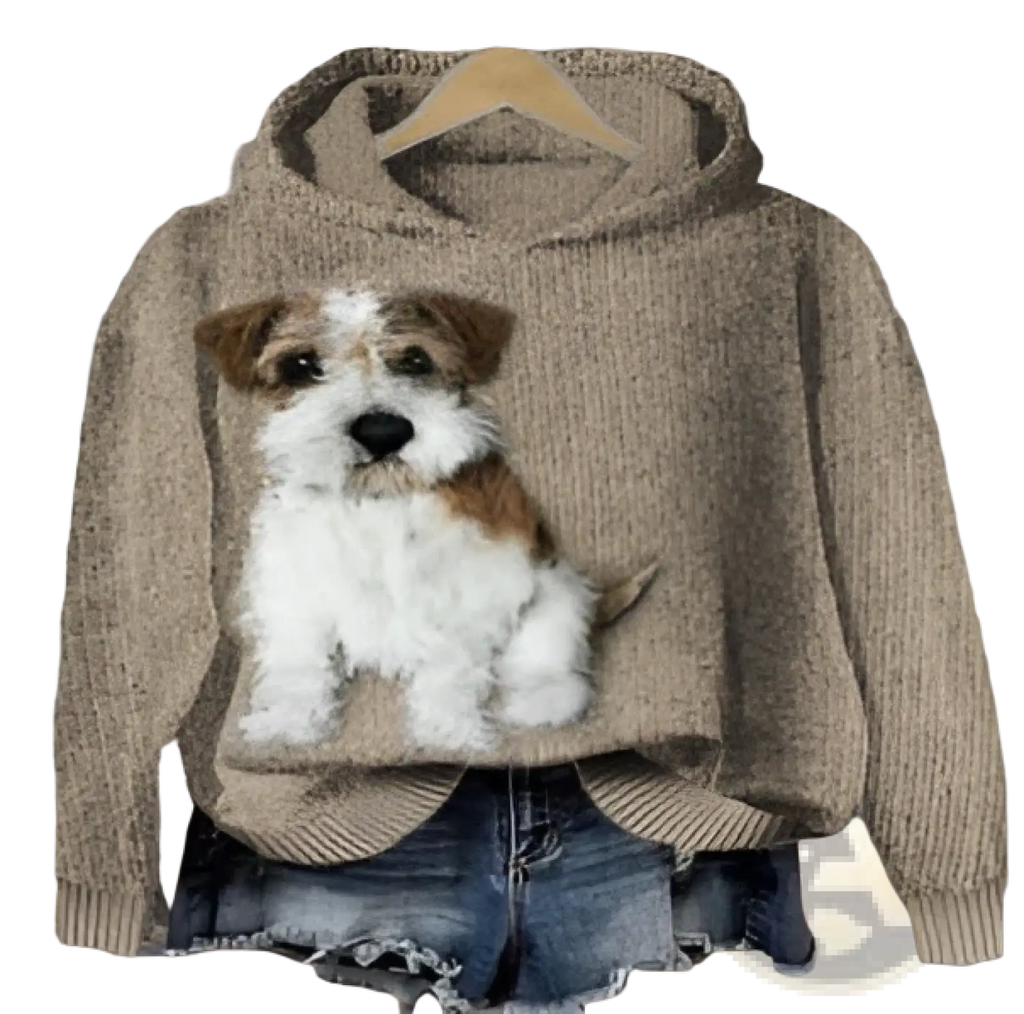 Beige knit men’s graphic print pullover hooded sweatshirt featuring detailed embroidered terrier dog design