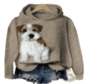 Beige knit men’s graphic print pullover hooded sweatshirt featuring detailed embroidered terrier dog design