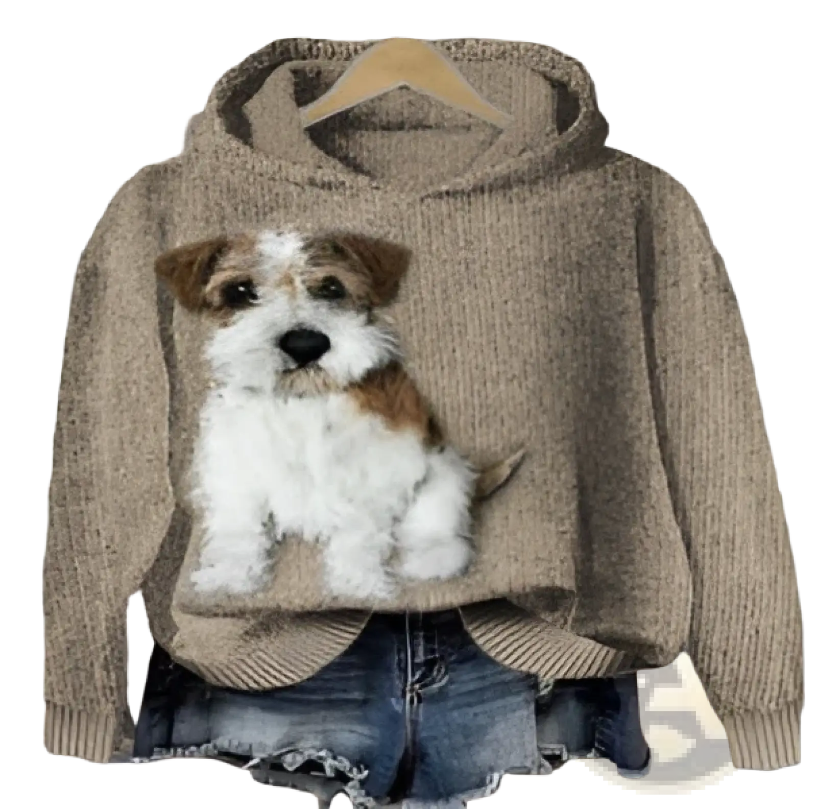 Beige knit men’s graphic print pullover hooded sweatshirt featuring detailed embroidered terrier dog design
