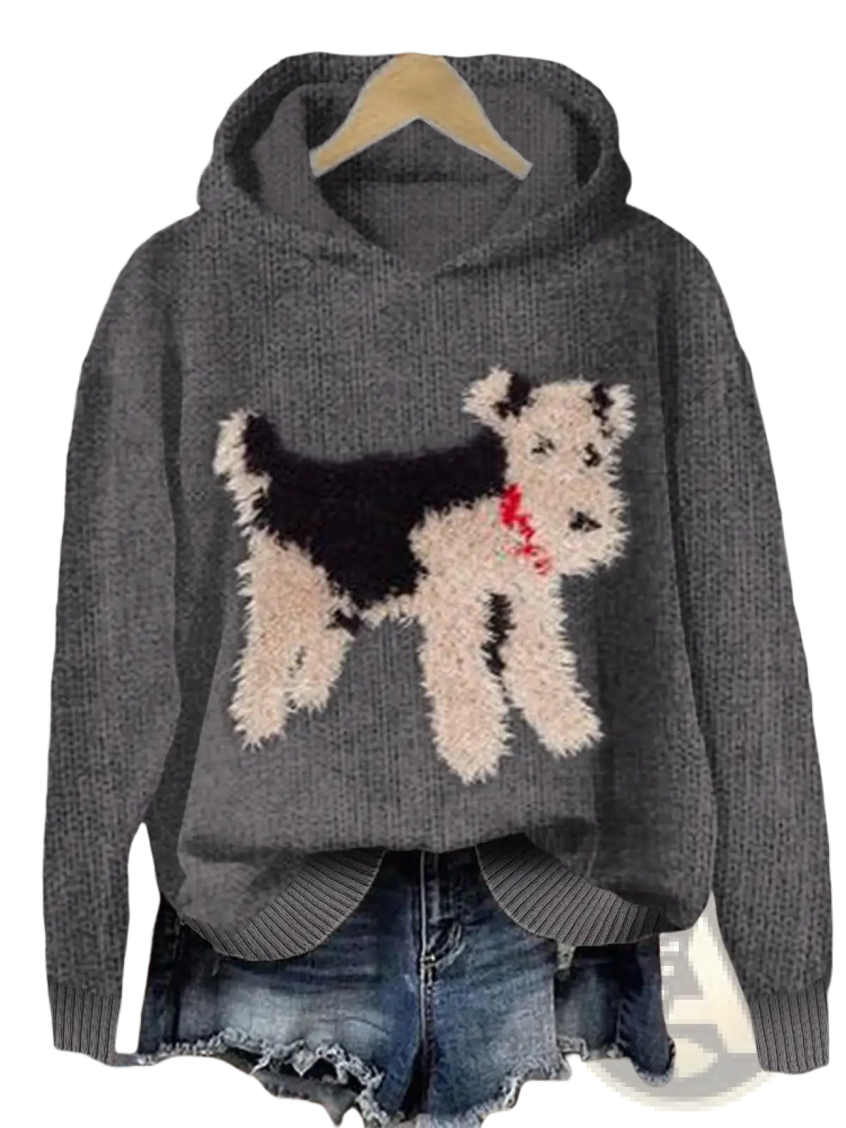 Men’s gray knit pullover hooded sweatshirt featuring a fluffy black and cream terrier graphic with a red collar