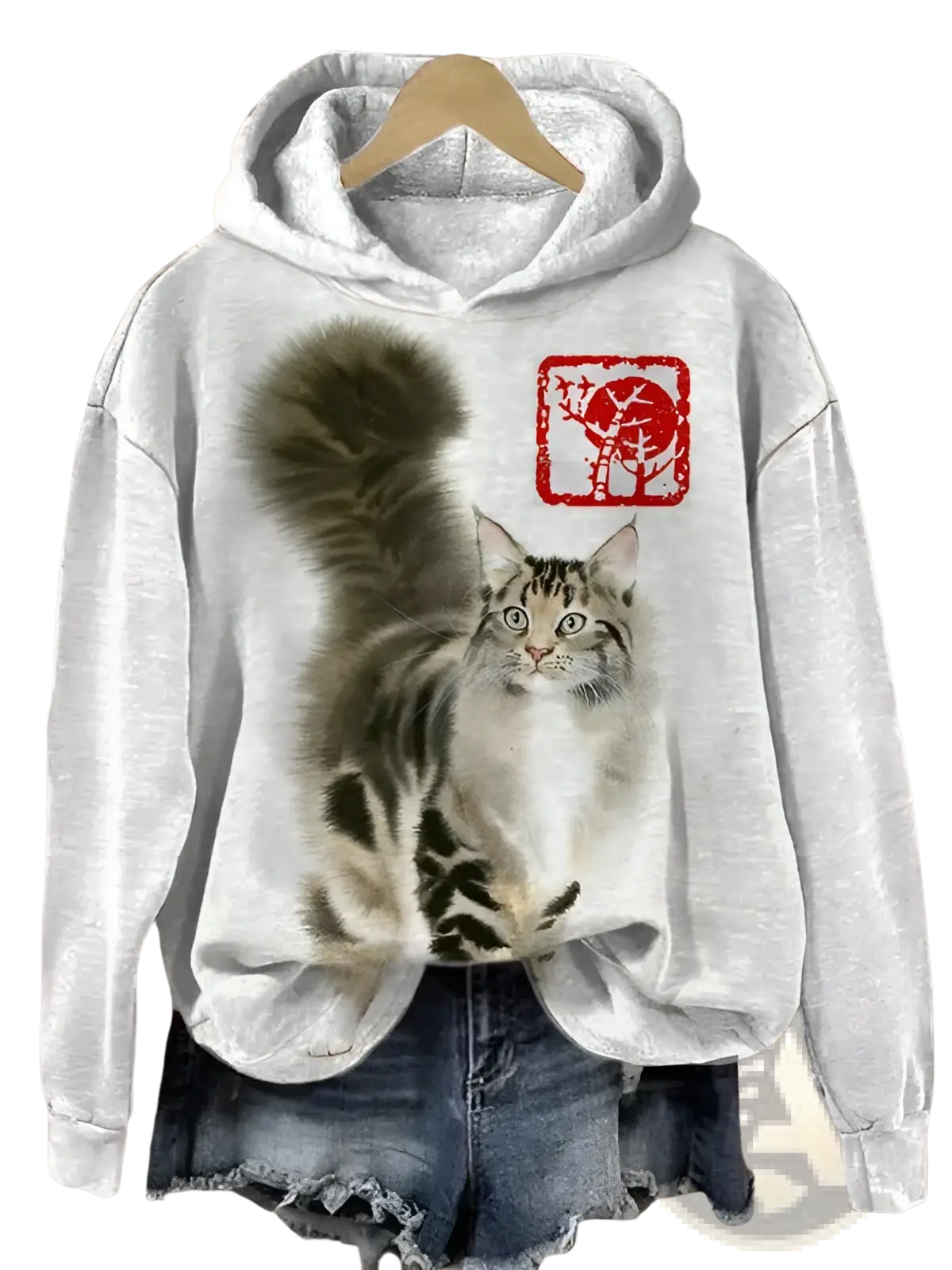 Men’s light gray pullover hooded sweatshirt with a detailed tabby cat graphic and red square stamp on the chest