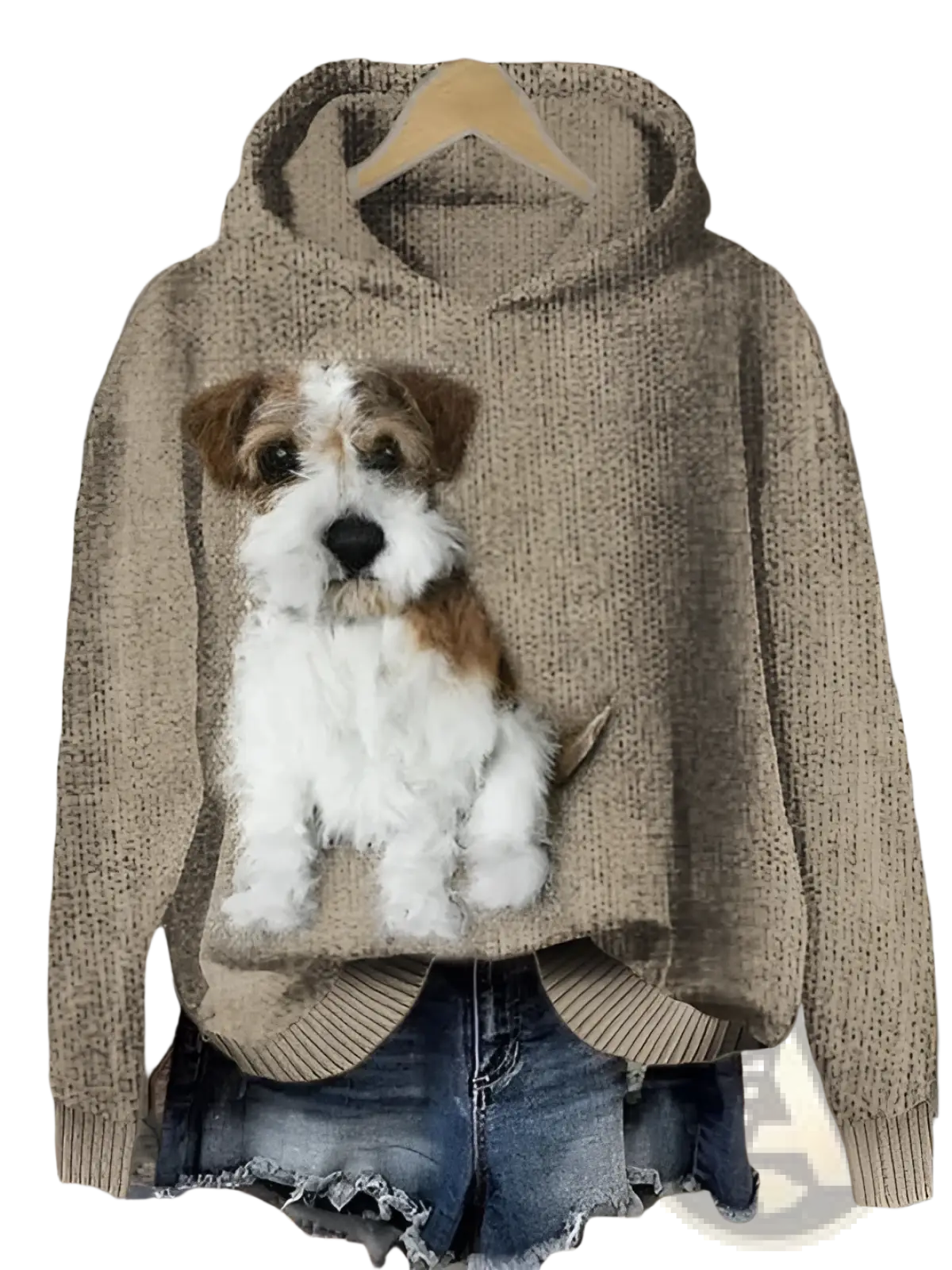 Men’s beige knit pullover hooded sweatshirt featuring a detailed embroidered fox terrier graphic on the front