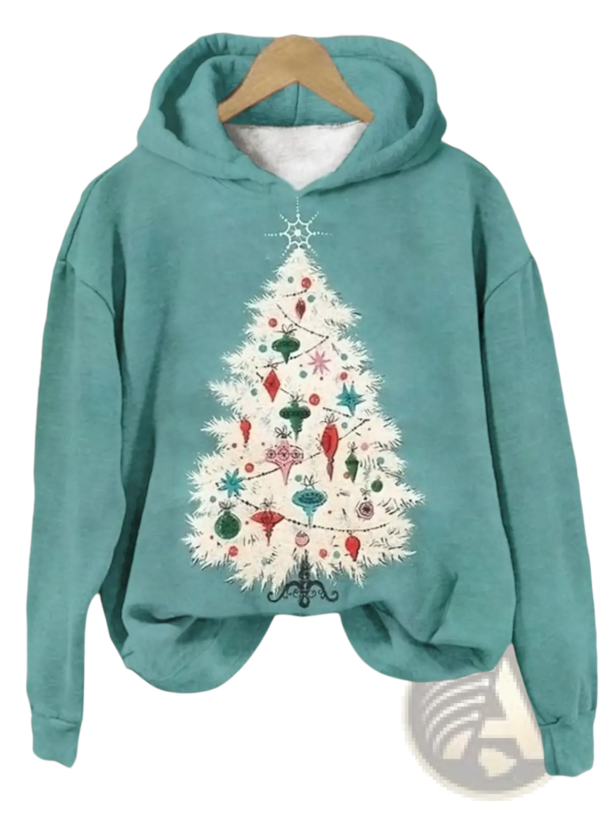 Men’s teal graphic print pullover hooded sweatshirt featuring a christmas tree design with festive ornaments and a white-lined hood