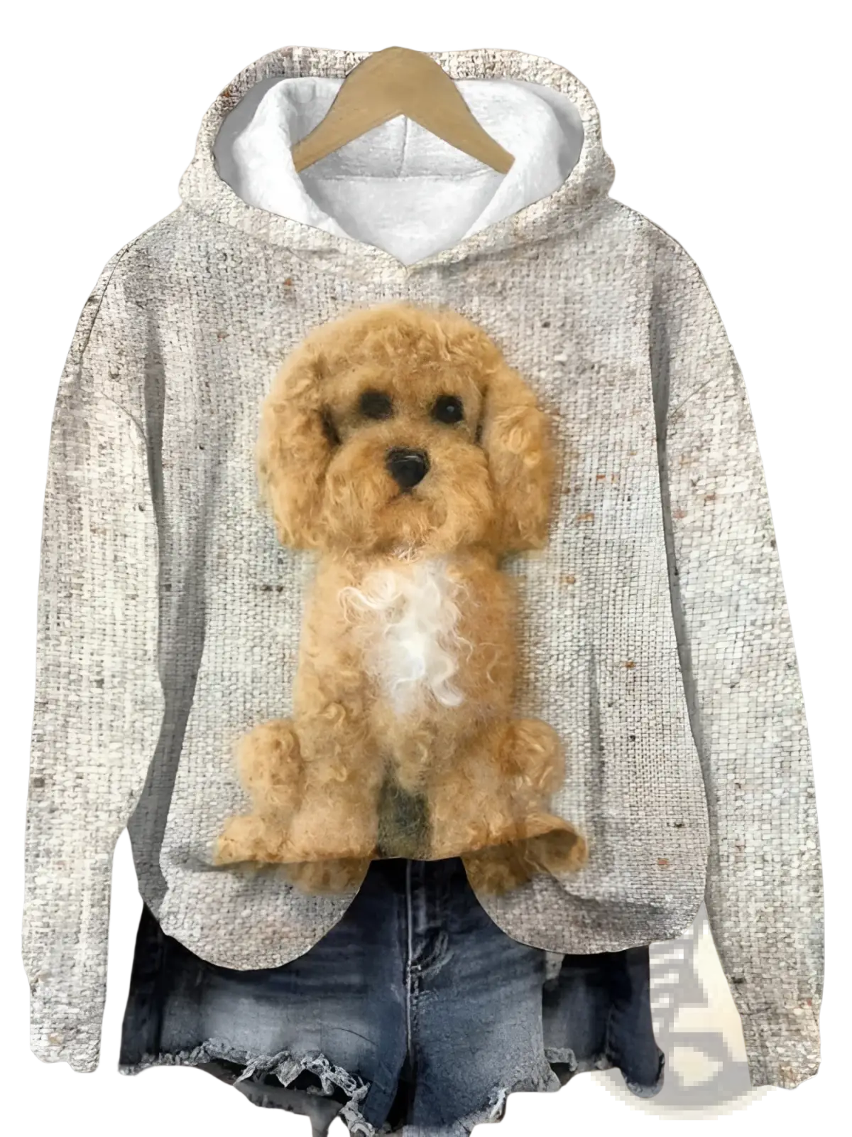 Men’s beige pullover hoodie with textured fabric and a detailed fluffy tan poodle graphic on the front and white lining