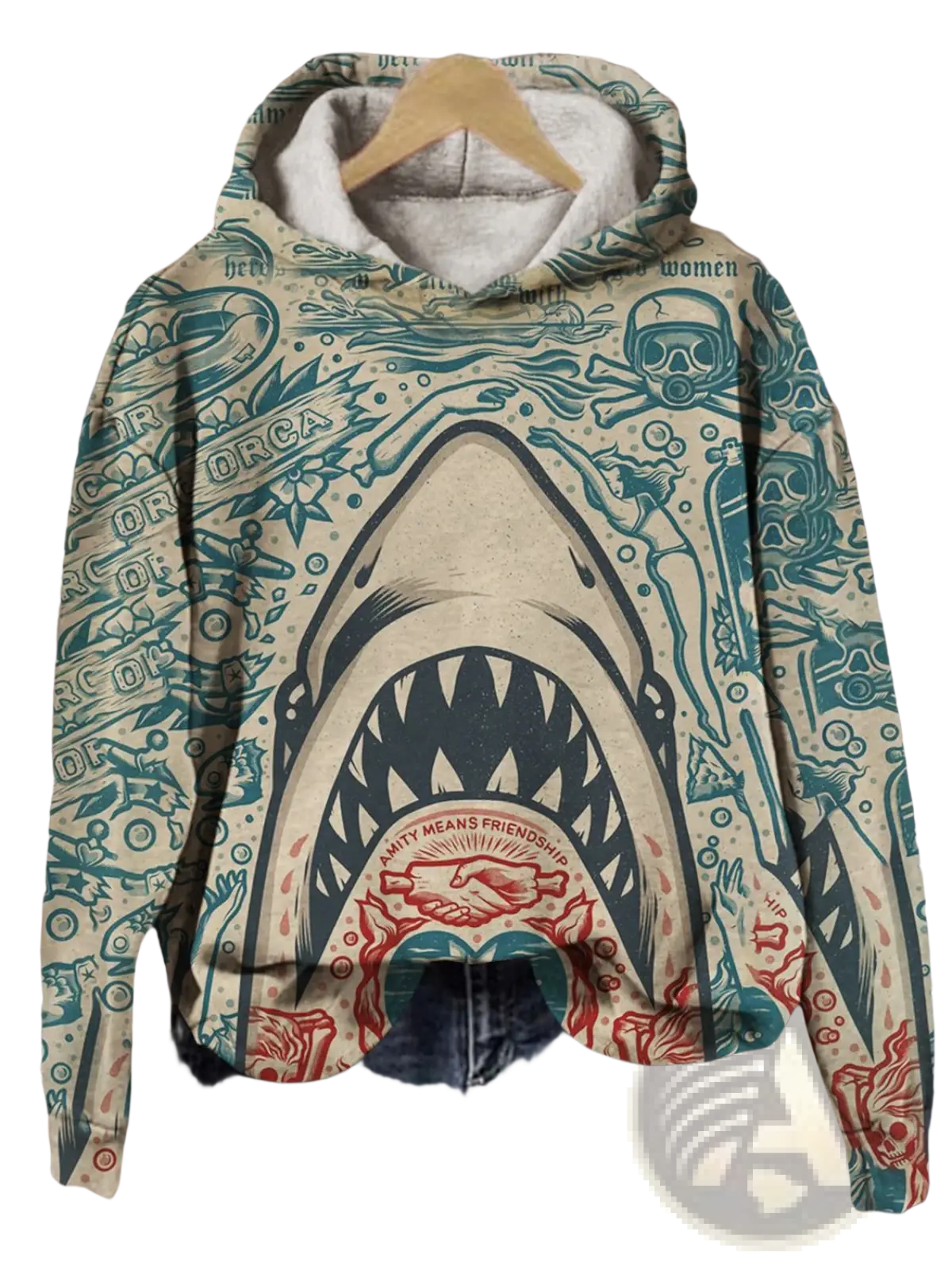 Men’s graphic print pullover hooded sweatshirt in beige and teal with a shark tattoo design and amity means friendship text