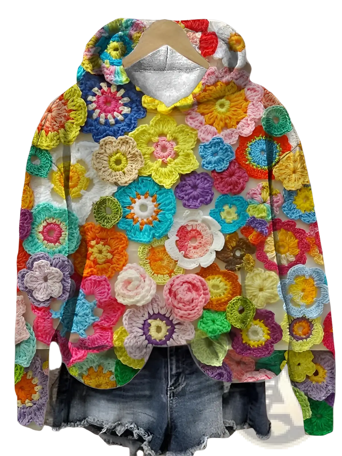 Men’s graphic print pullover hooded sweatshirt with a vibrant hand-crocheted multicolored floral design on white fabric
