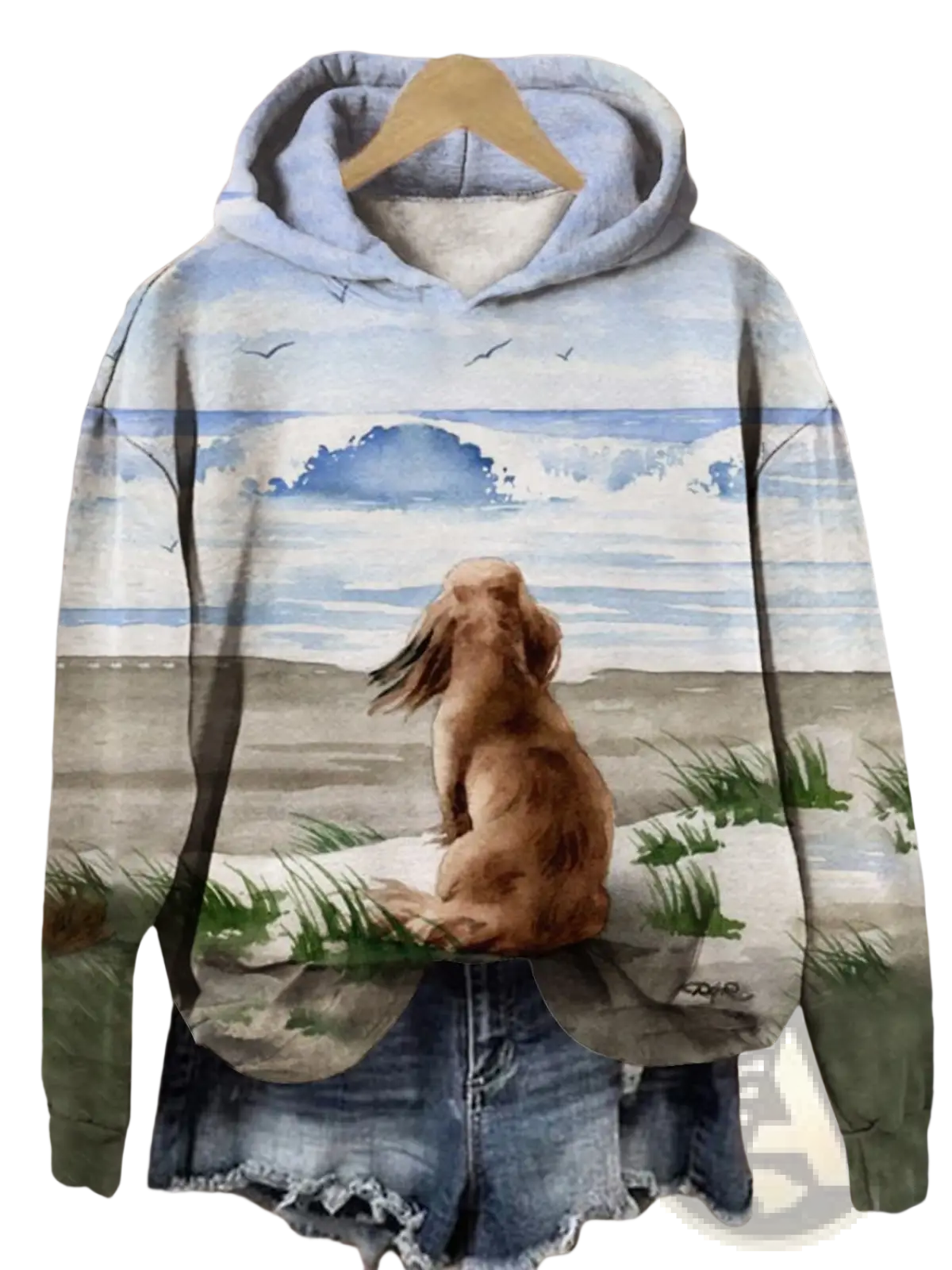 Men’s light blue graphic print pullover hooded sweatshirt with detailed watercolor brown dog on a beach design