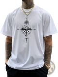Men’s white cotton t-shirt with black compass graphic featuring mountain sun and directional markings