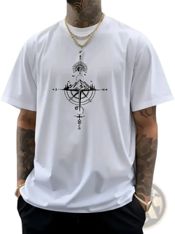 Men’s white cotton t-shirt with black compass graphic featuring mountain sun and directional markings