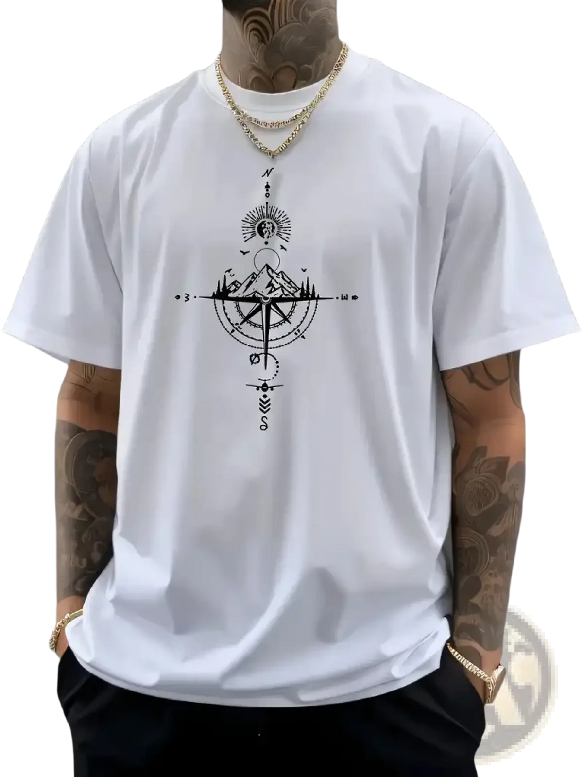 Men’s white cotton t-shirt with black compass graphic featuring mountain sun and directional markings