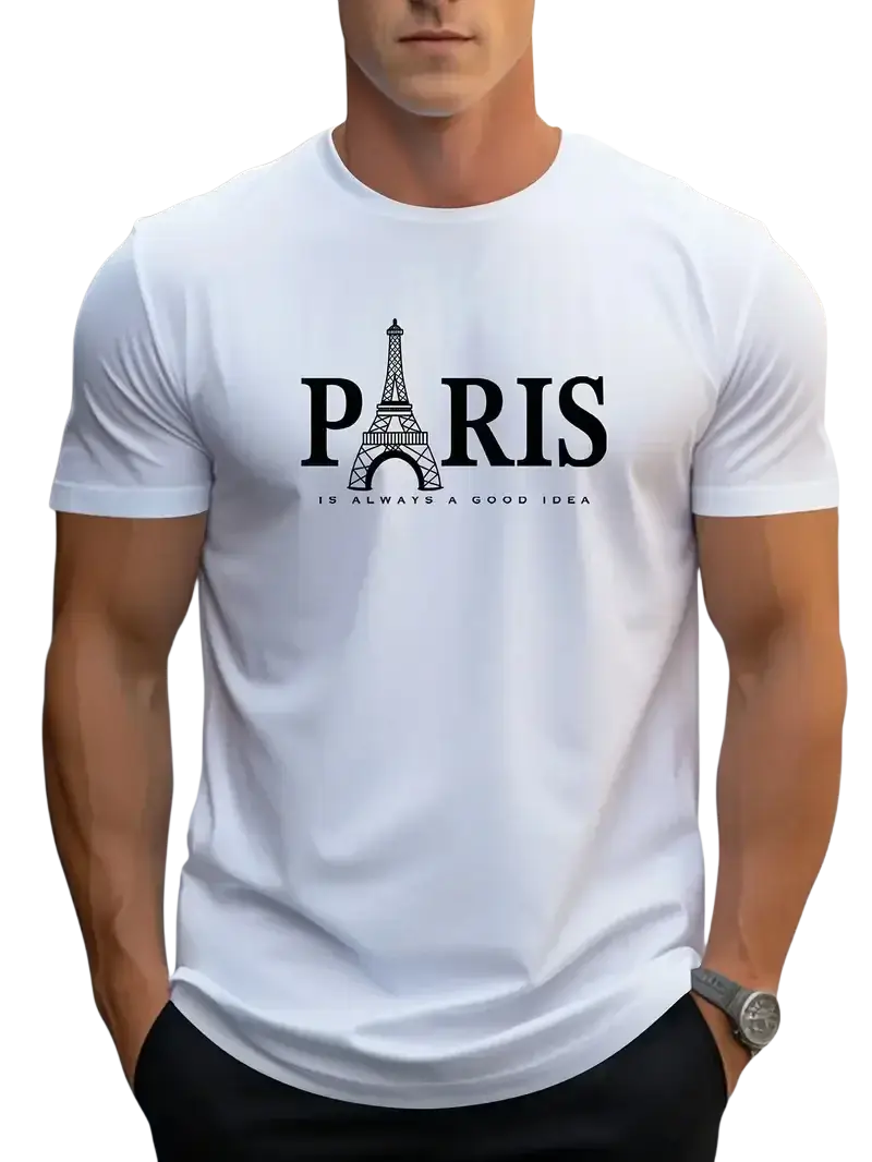 Men’s white cotton t-shirt with black eiffel tower graphic and paris is always a good idea print on front