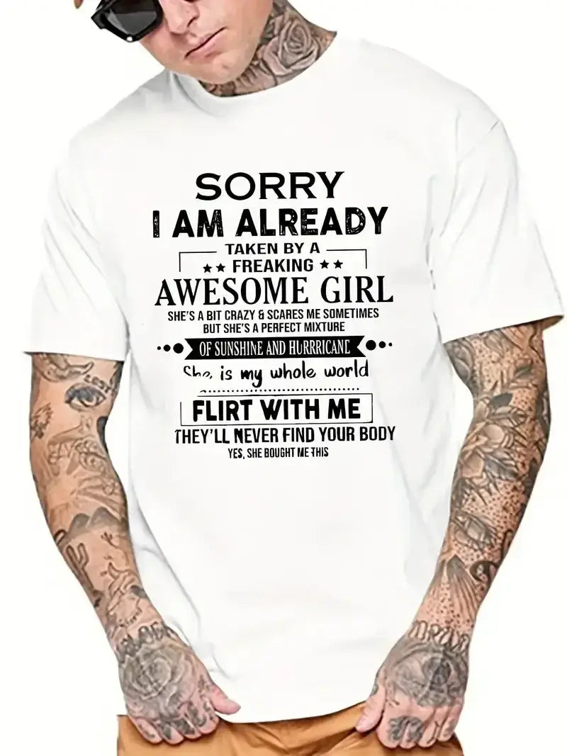 Men’s white cotton short sleeve t-shirt with black graphic print featuring a message and decorative stars and lines