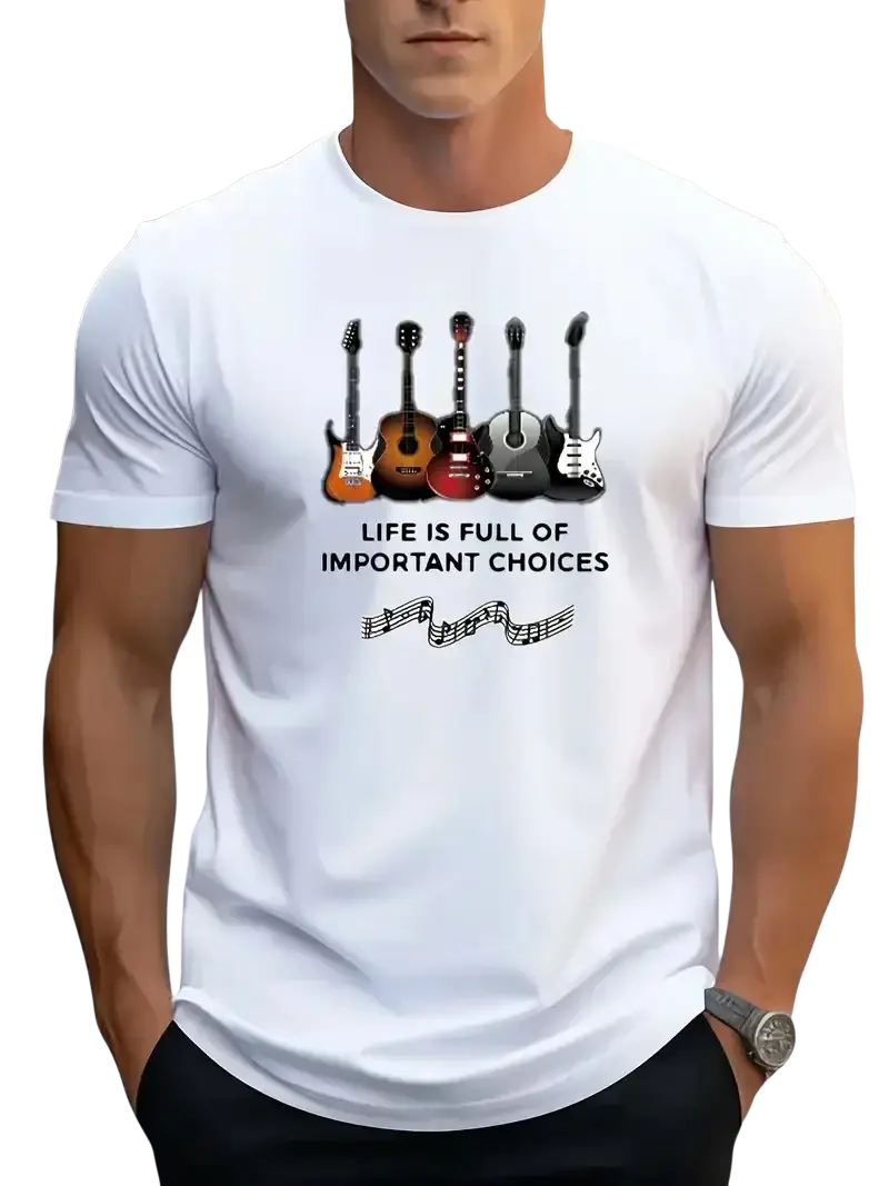 Men’s white cotton short sleeve t-shirt featuring a graphic of five colorful guitars and life is full of important choices text