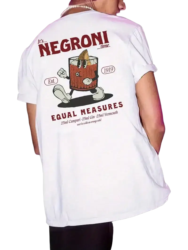 Men’s white short sleeve cotton t-shirt with graphic print of cartoon negroni cocktail character in red and brown details