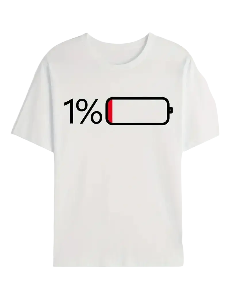Men’s white cotton short sleeve t-shirt with bold black and red 1% battery graphic on the chest